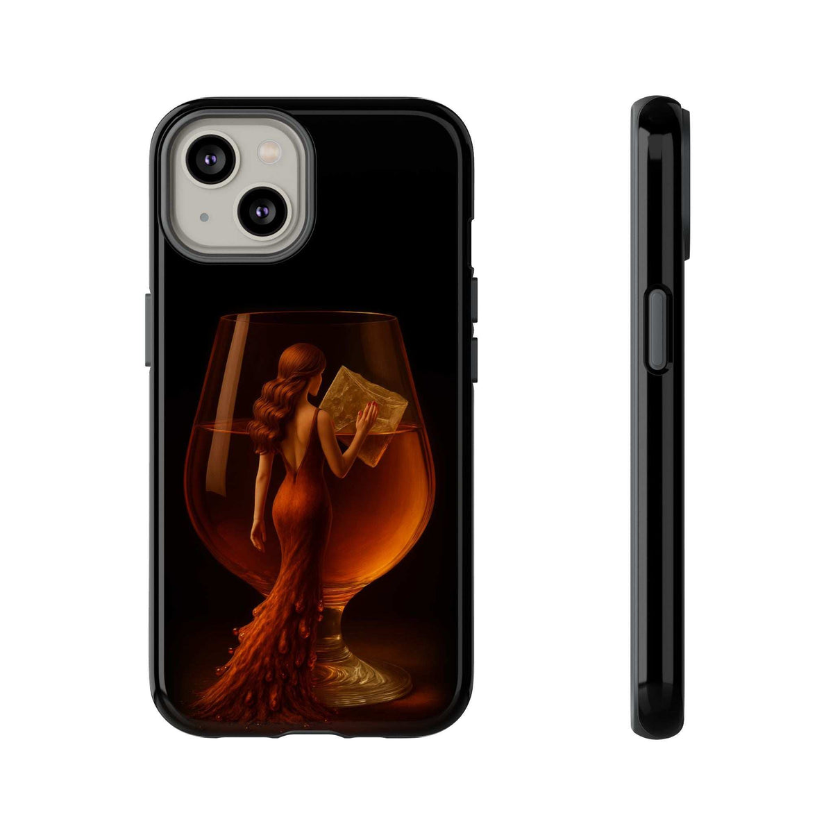 Glossy black phone case with graphic lady holding a book; cutouts for dual cameras.