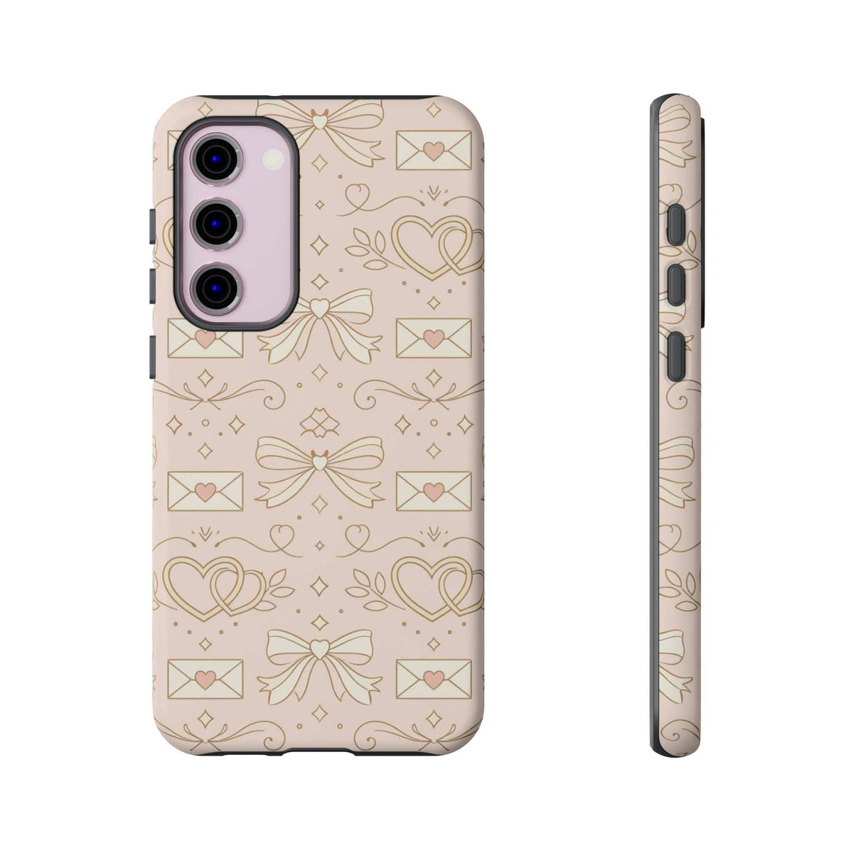 Pastel heart-and-letter tough phone case, back and side view with multi-camera cutout