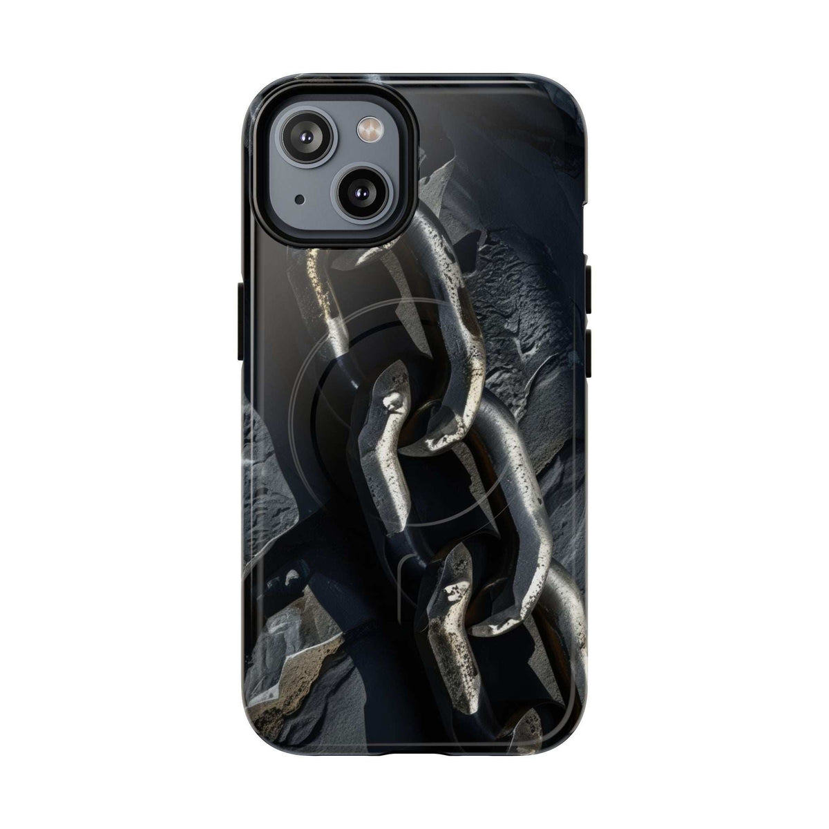 Black magnetic phone case with iron chain graphic and raised camera housing