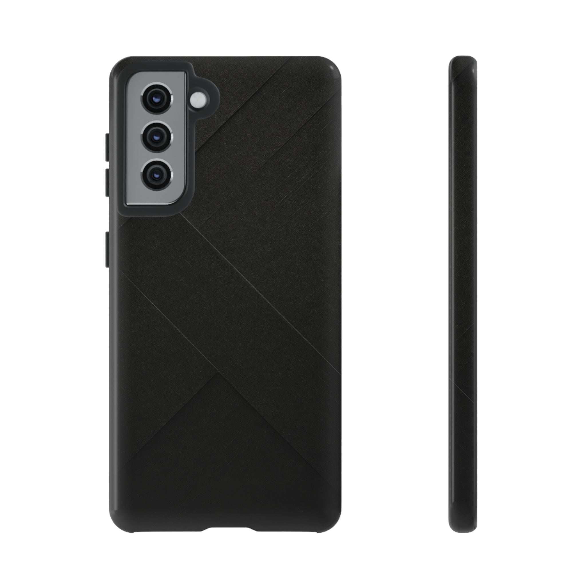 Matte black phone case with diagonal line pattern and side button openings