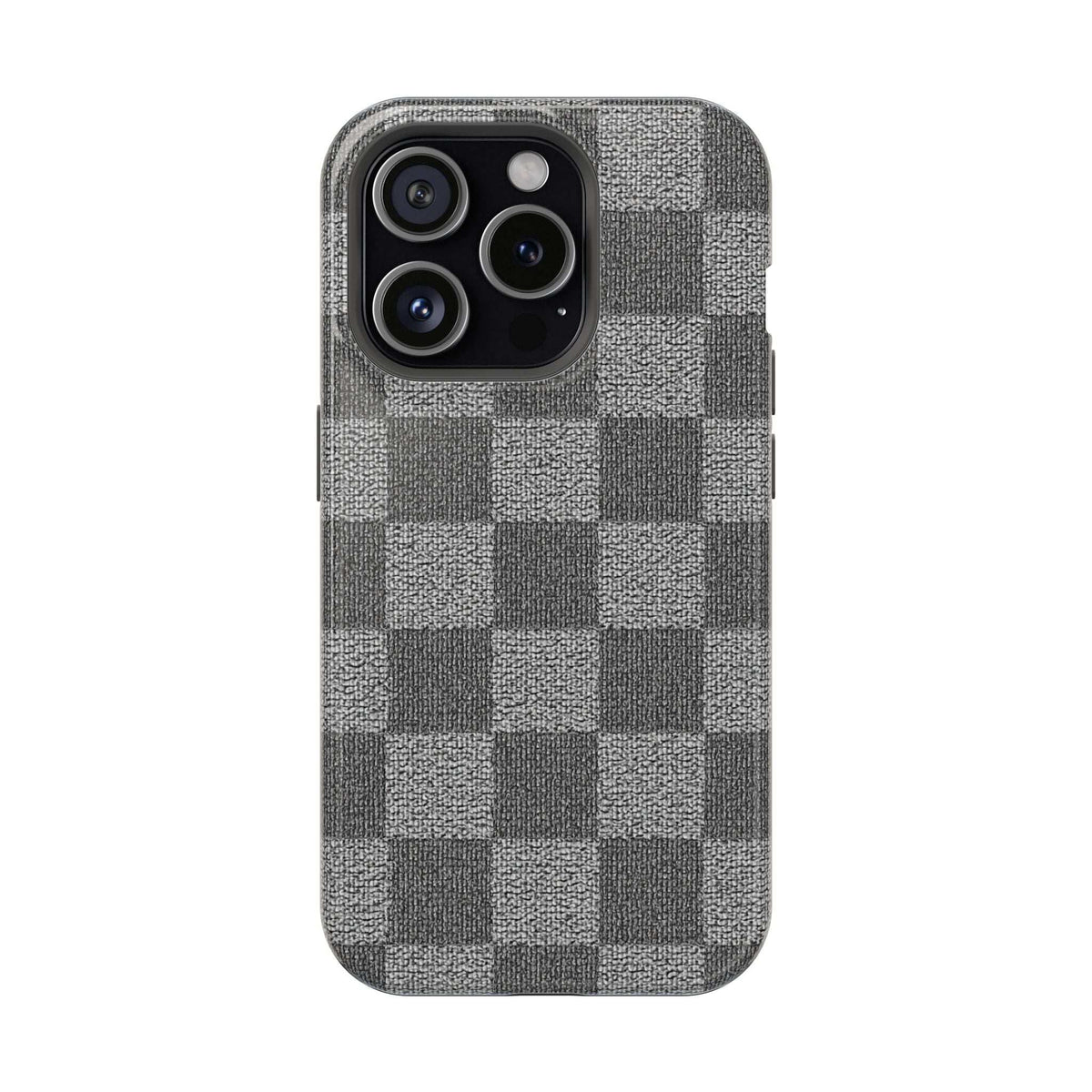 Gray checkered phone case with raised camera cover and visible lens cutouts