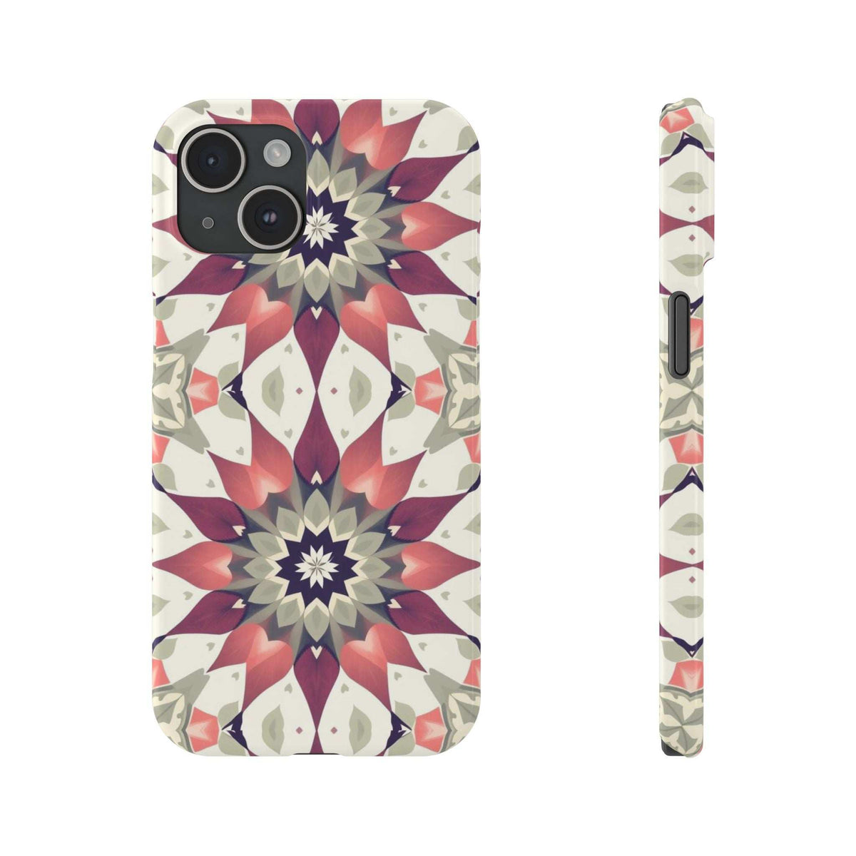 Smartphone phone case front view with burgundy and navy kaleidoscope mandala design