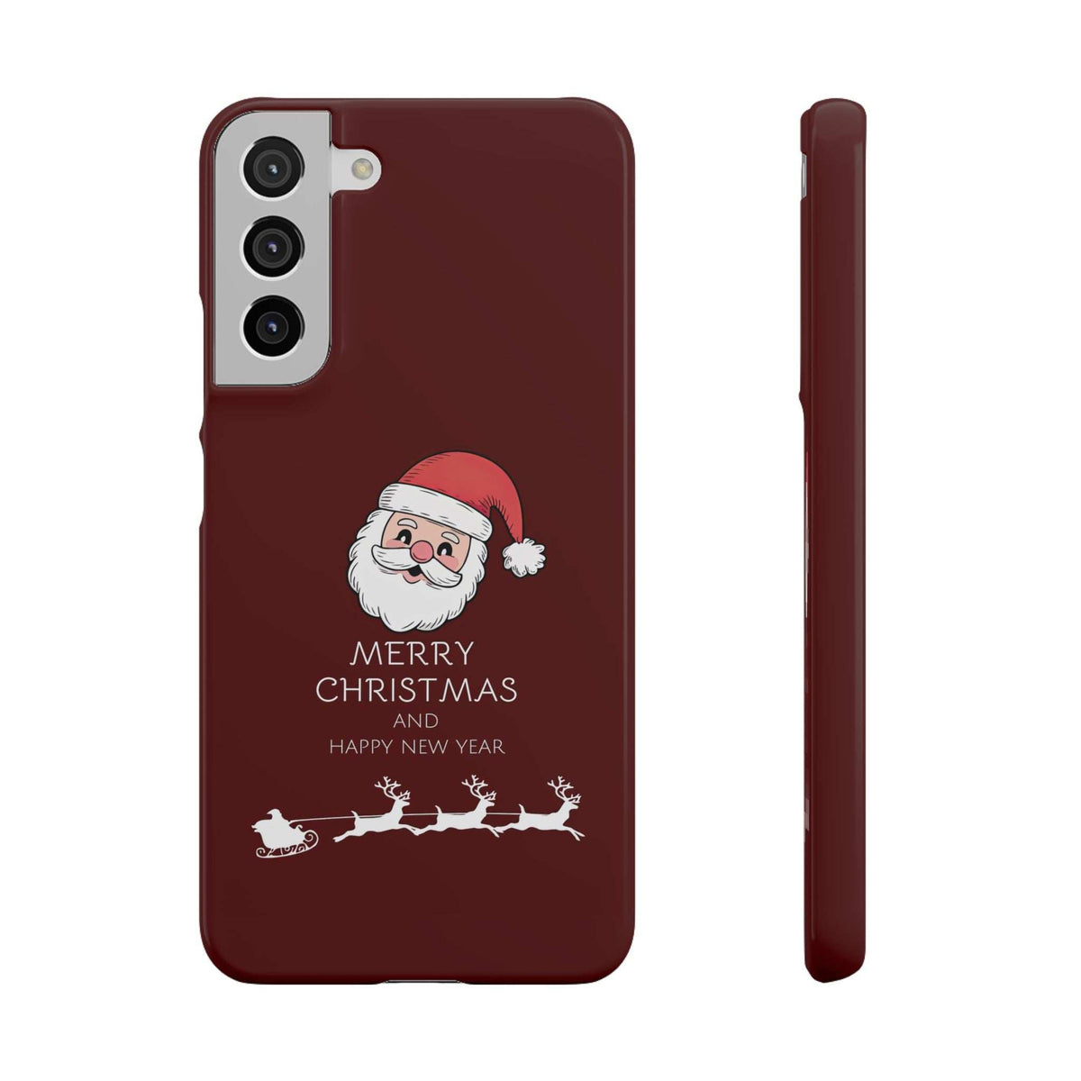 Glossy maroon phone case front with Santa, Merry Christmas, Happy New Year text, and camera cutout.