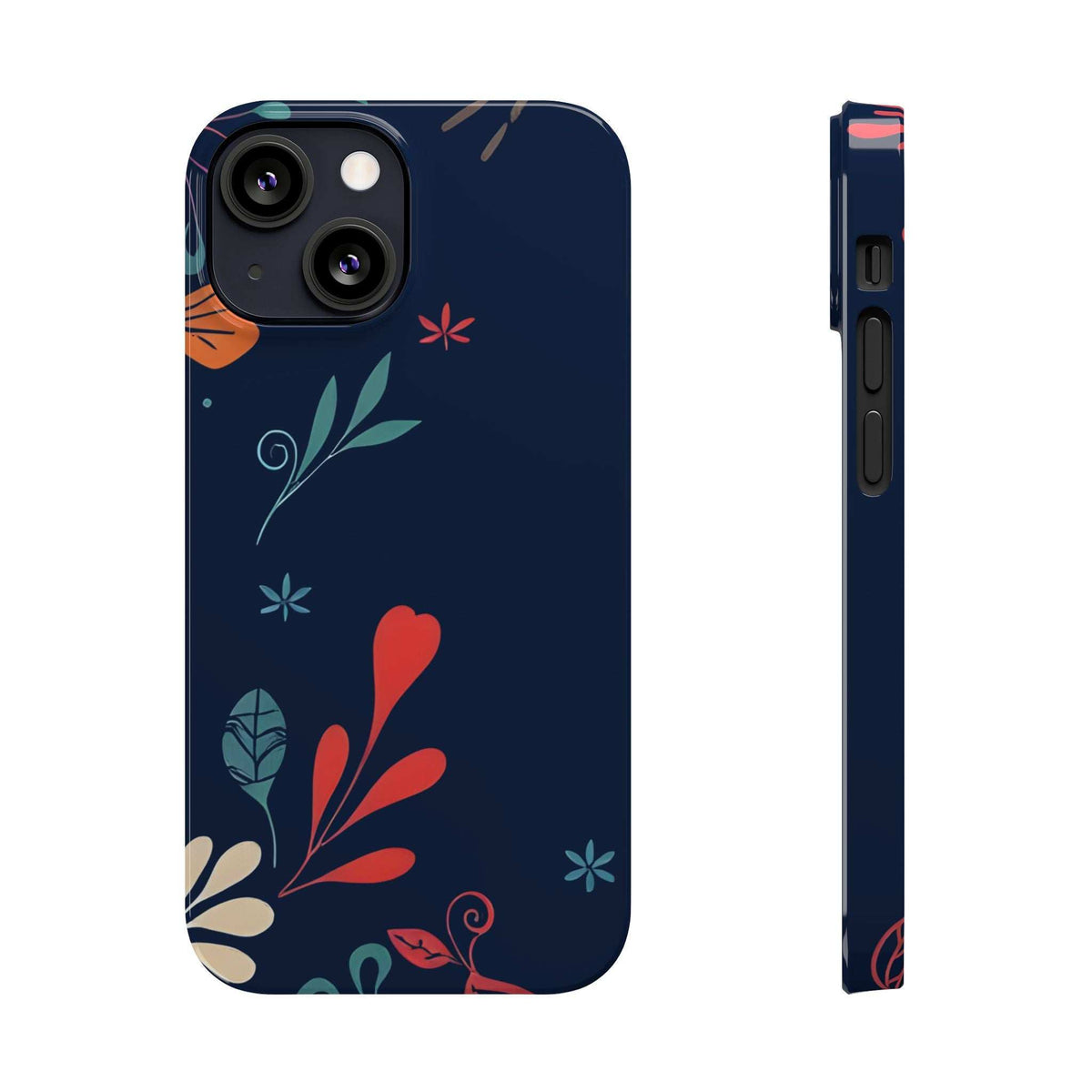 Navy floral phone case with red heart and foliage details, camera cutouts and side port cutout