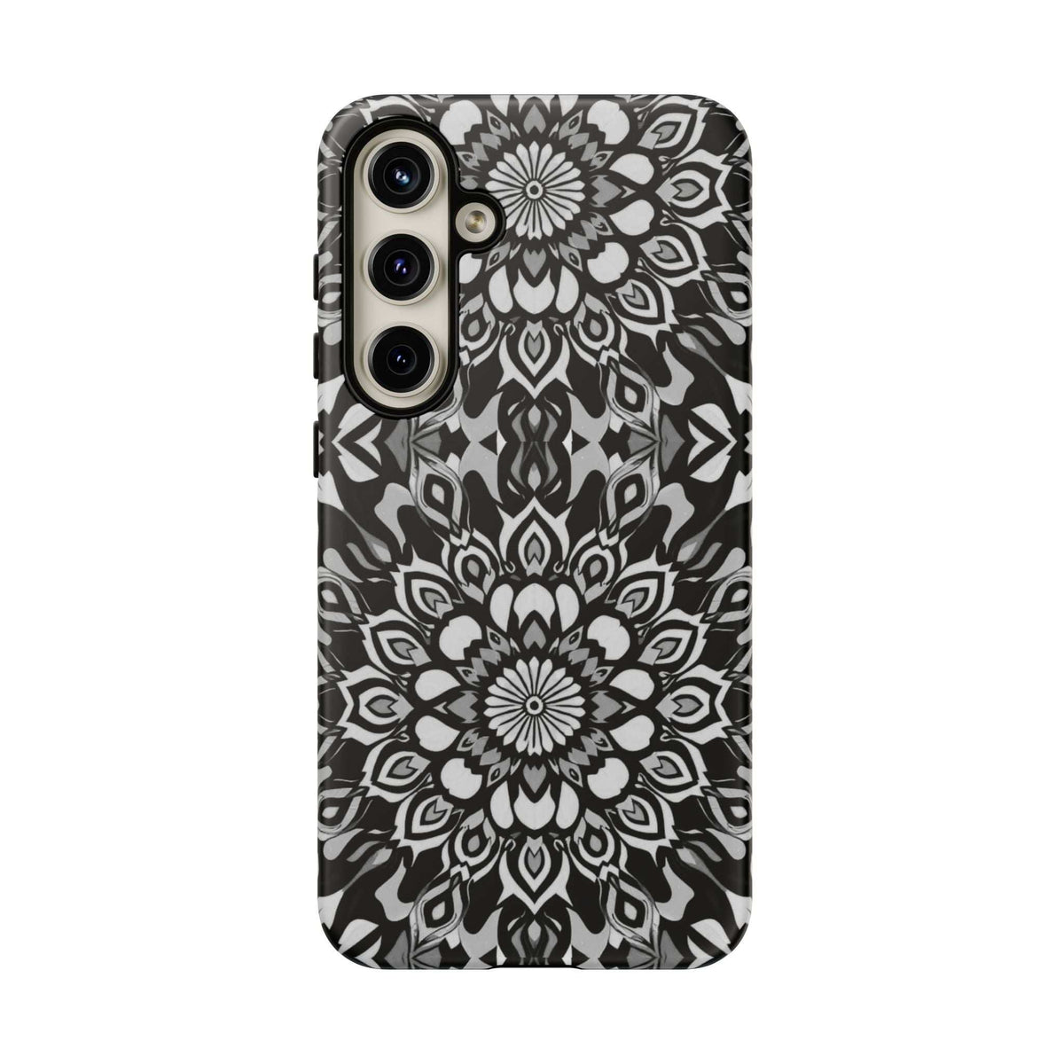 Black and white mandala phone case with camera lens cutouts and flash opening