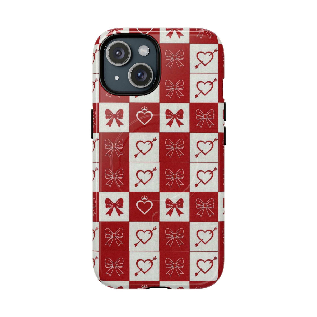 Red and white checkered phone case with bow and heart icons, protective camera openings
