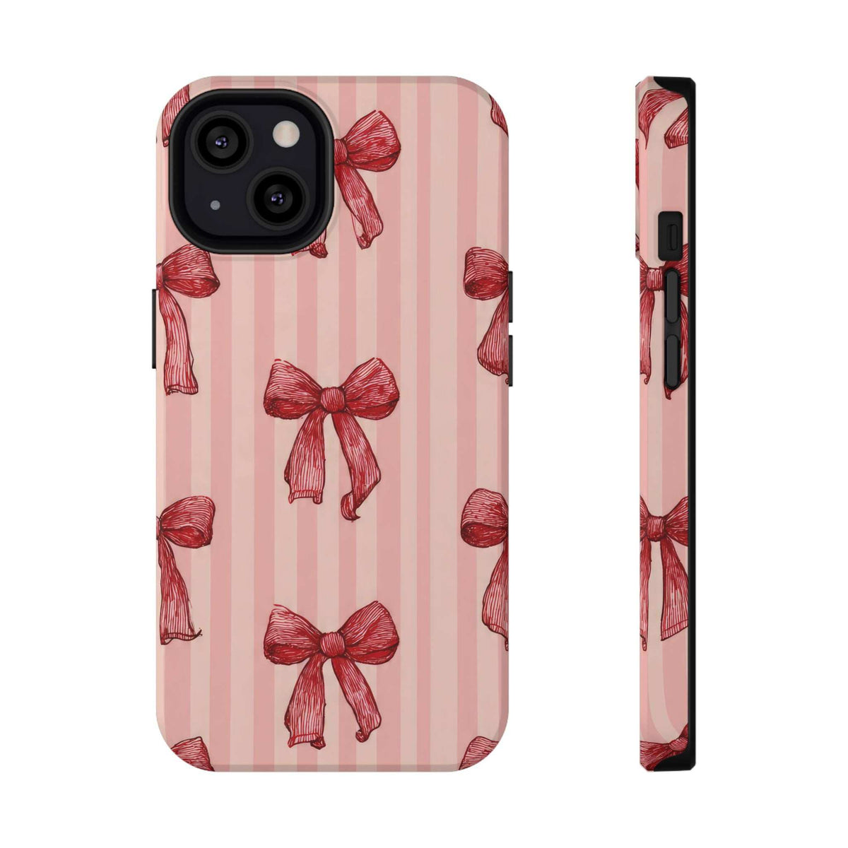 Pink phone case with vertical stripes and red bows; front camera openings visible.