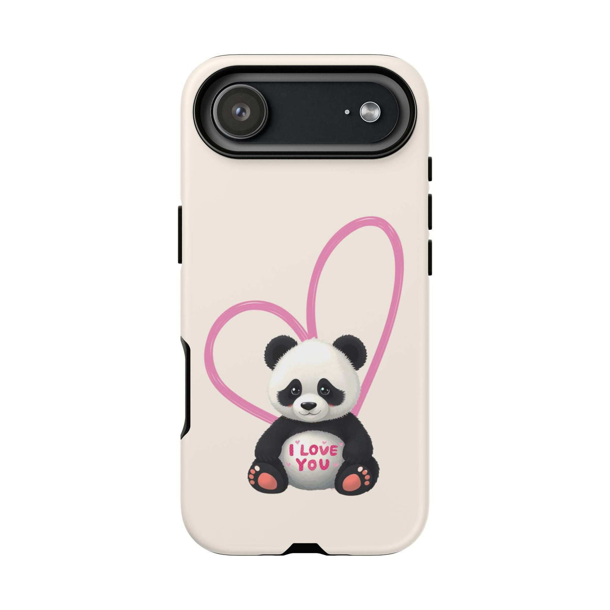 Cream iPhone phone case featuring a panda in a pink heart with “I love you” text, camera cutout