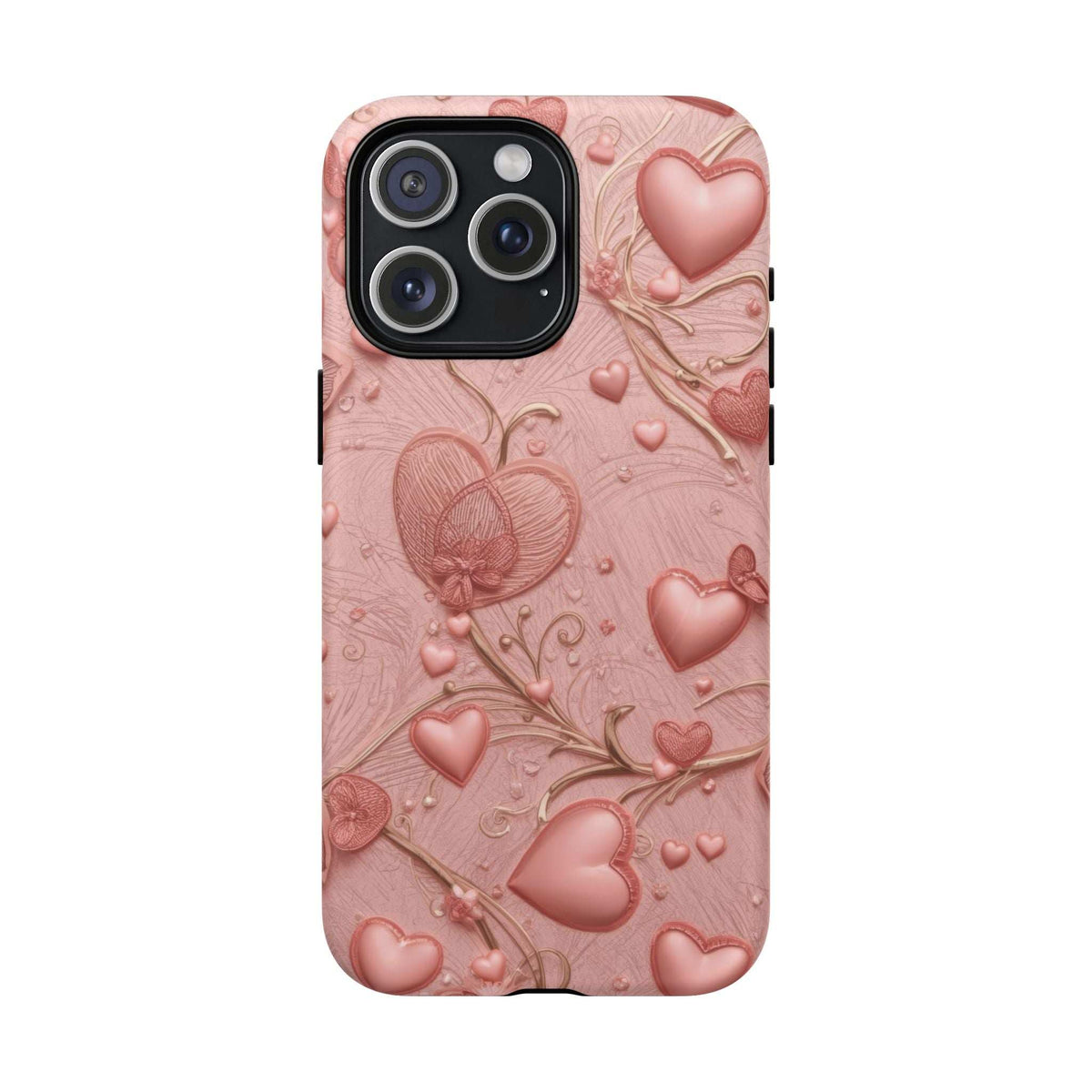 Pink phone case with raised hearts and vine design, iPhone camera lenses surrounded