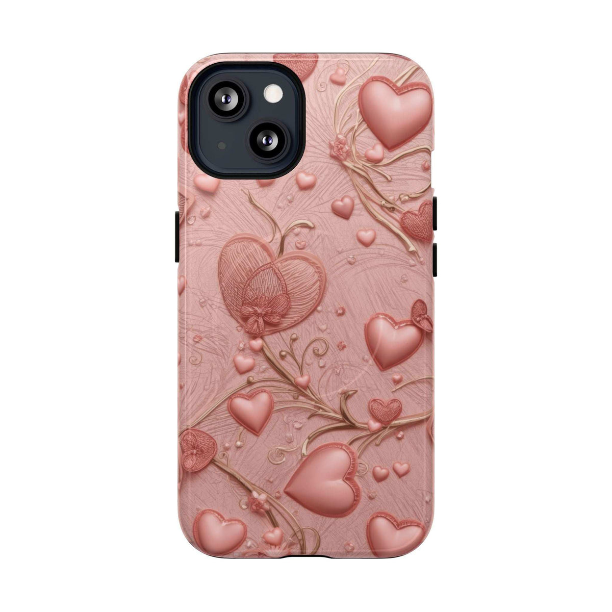 iPhone 13-17 phone case featuring pink heart shapes and embossed floral swirls, camera cutout