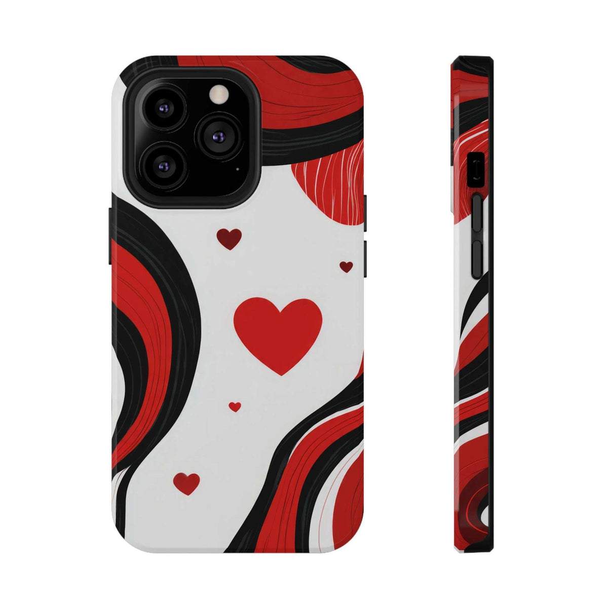 Phone case with red heart wave design, camera lens cutouts and raised edges