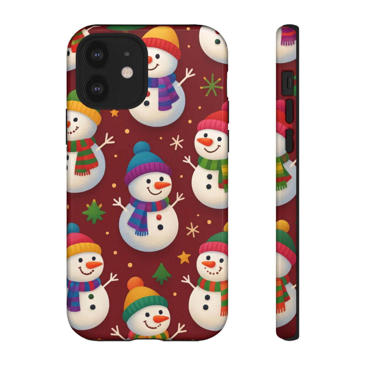 Glossy phone case with festive snowmen parade design; side view and camera openings visible
