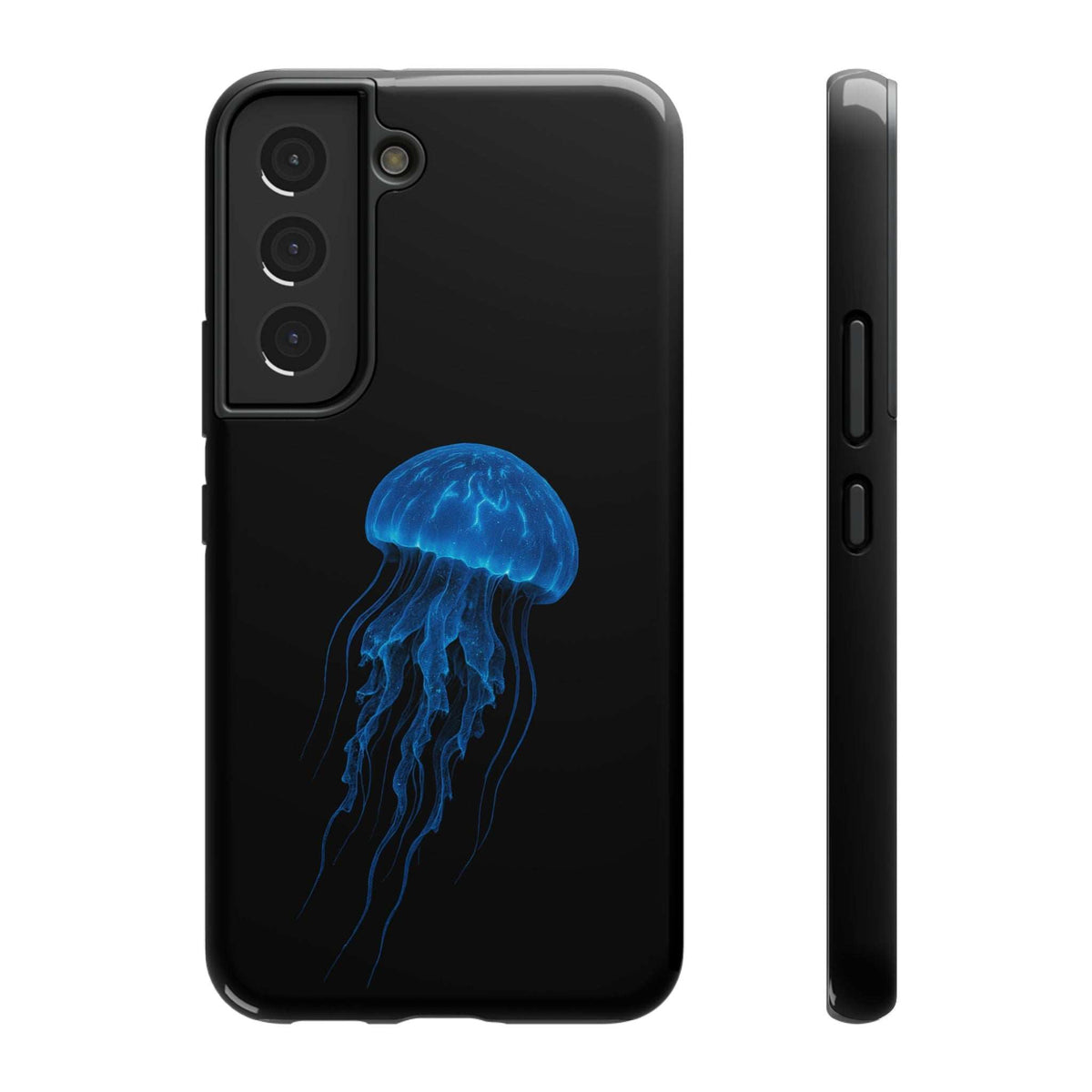 Black phone case with blue jellyfish graphic, side buttons and camera cutouts