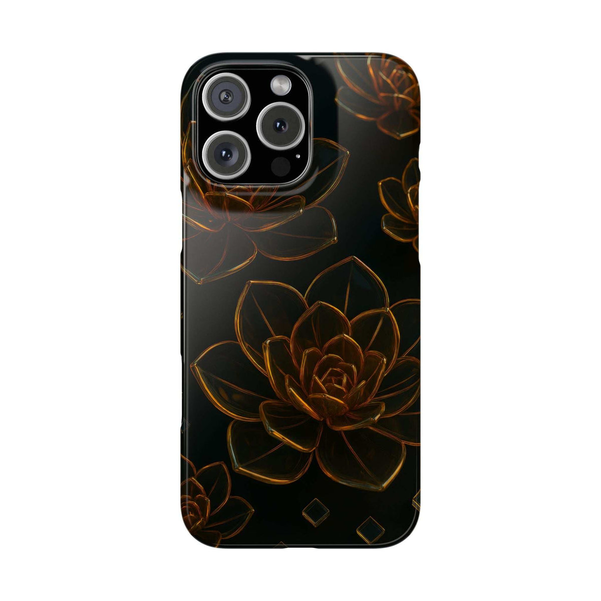 Glossy black glass phone case with gold-brown lotus-style floral design and camera cutouts