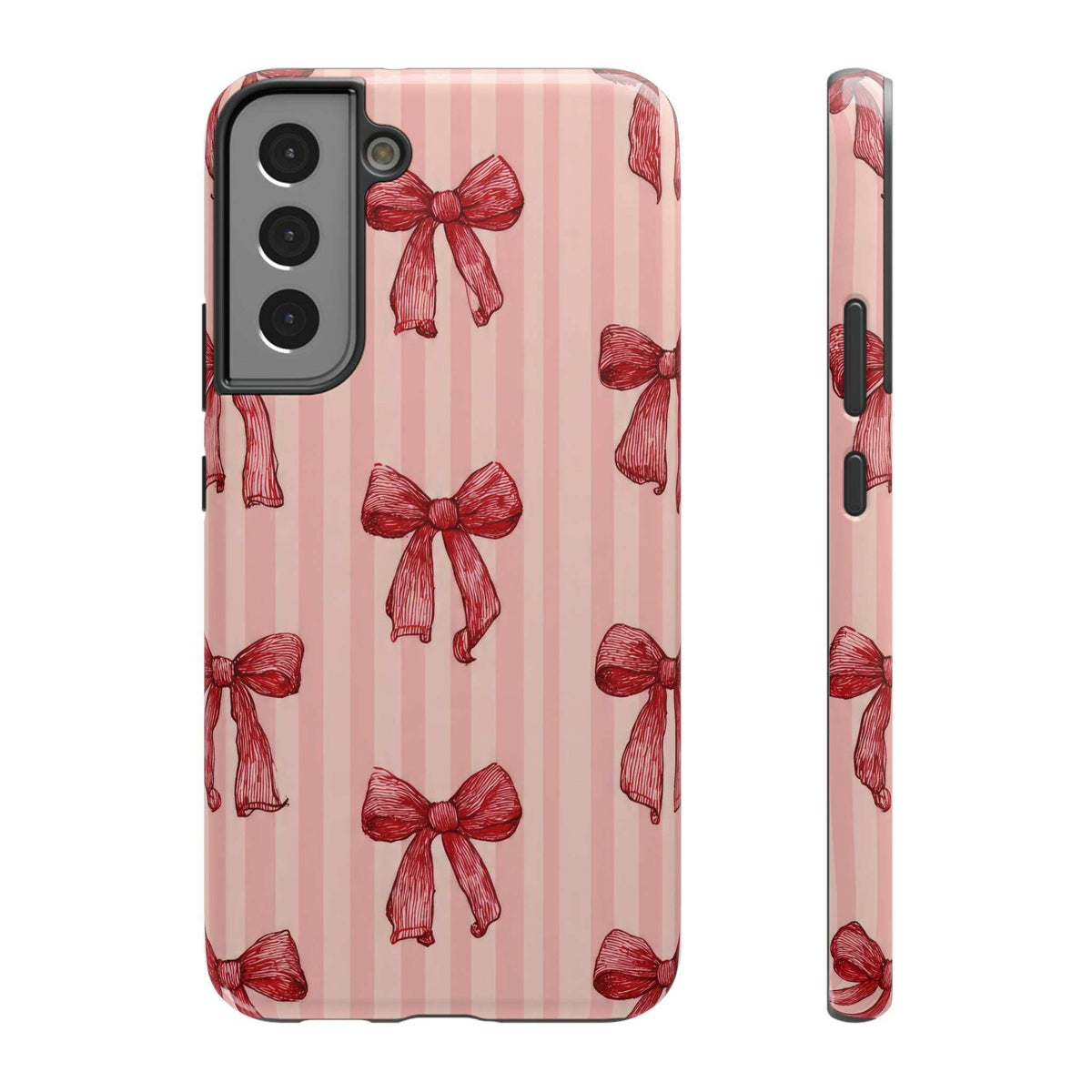 Pink striped phone case with red bow pattern; dark camera module and side button cutouts