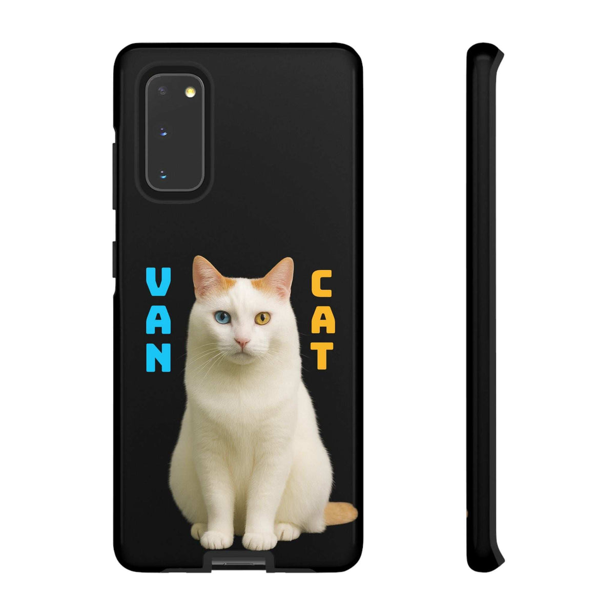 Black glossy phone case showing cat graphic with protective raised edges