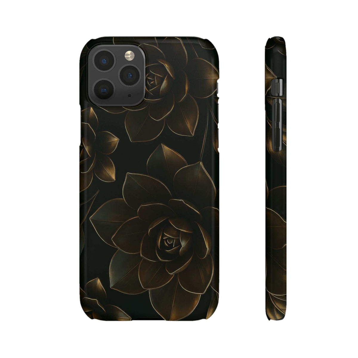 Glossy black phone case with gold rose and leaf metal-flower pattern, multiple camera cutouts.