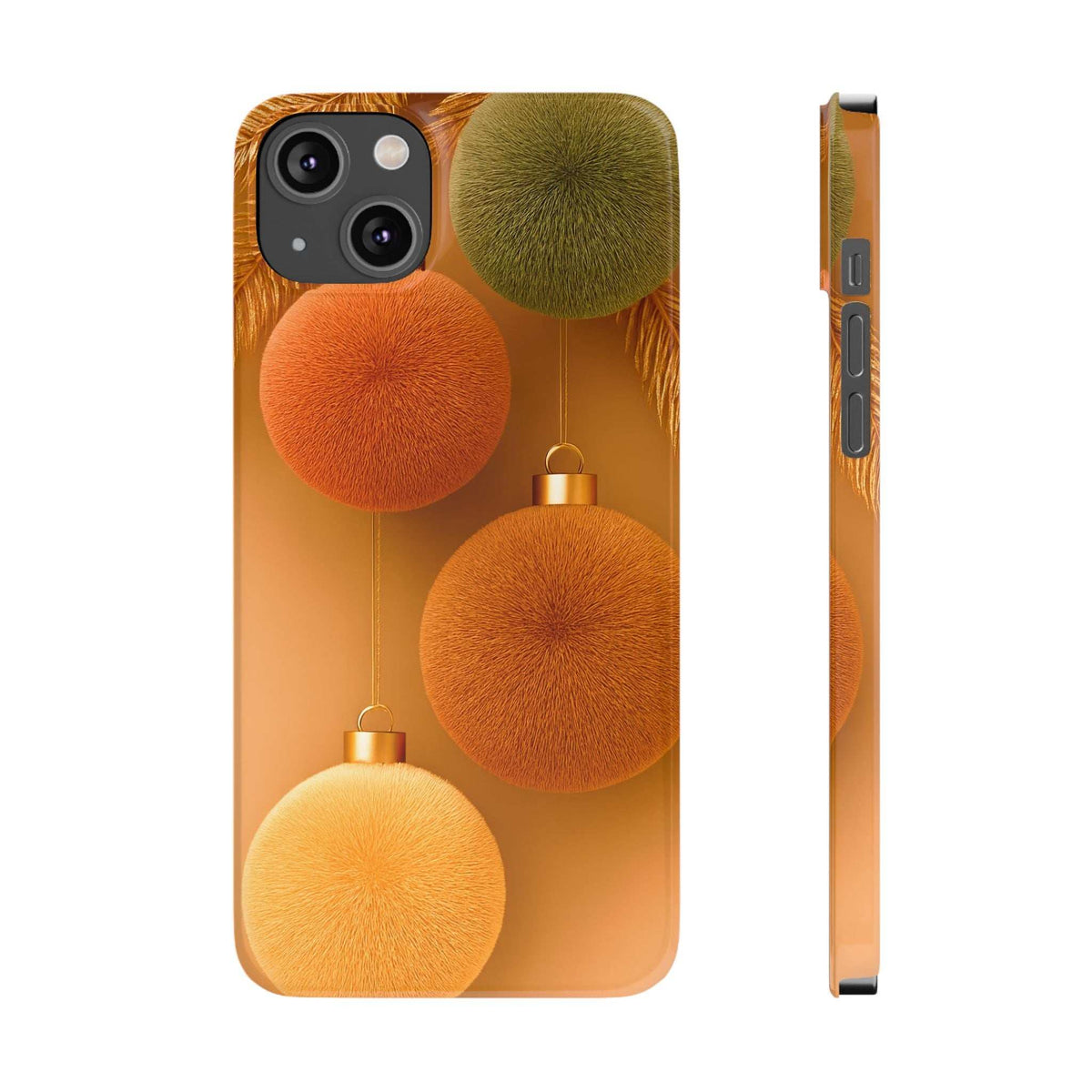 Phone case for iPhone 11-17 with hanging fuzzy ornaments in orange and light yellow