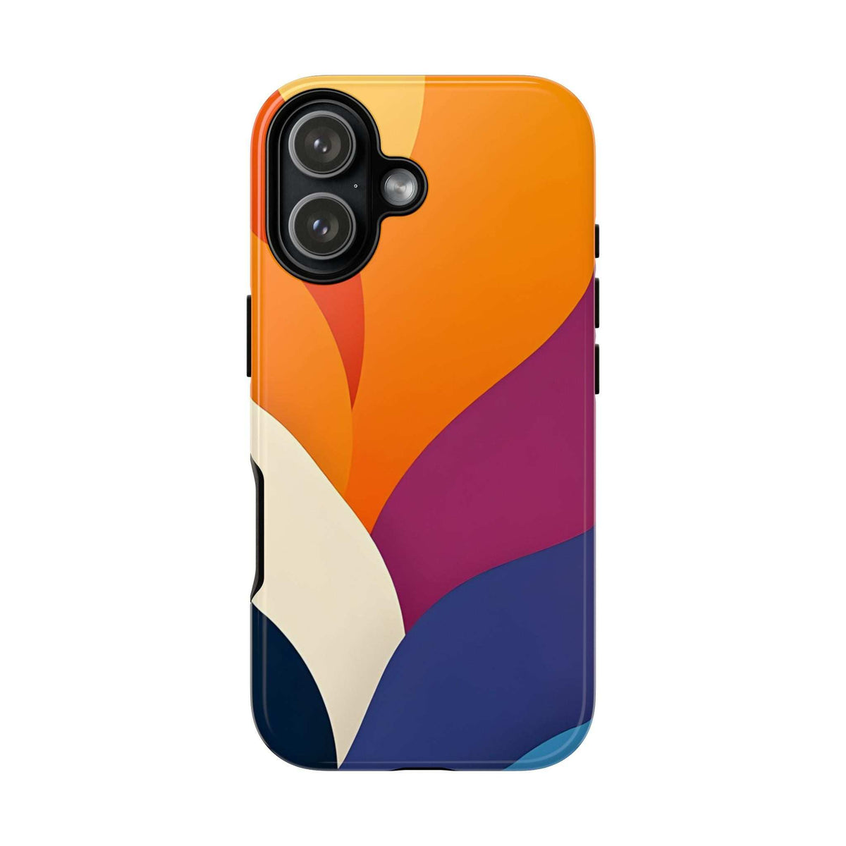 Abstract design phone case with orange, magenta, cream and navy curved shapes; camera cutouts