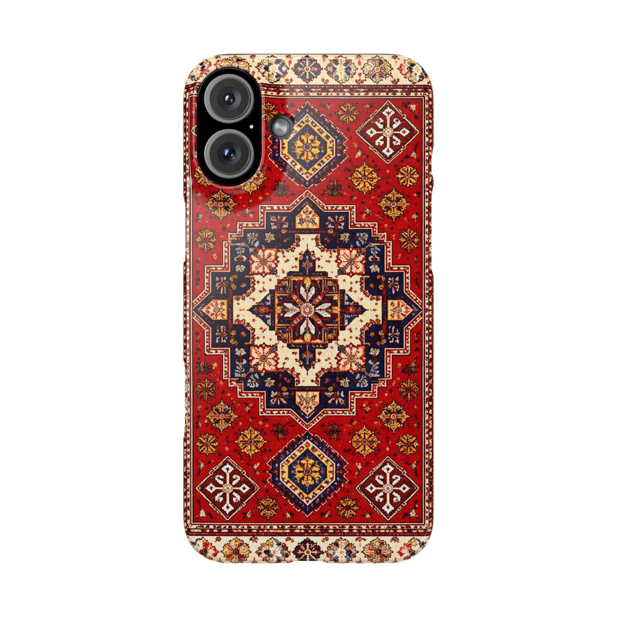 Armenian carpet patterned phone case, red and blue geometric center medallion; camera cutouts.