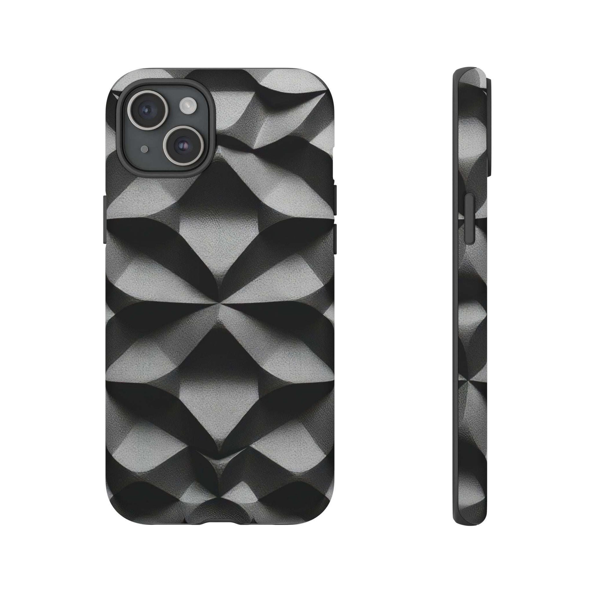 Tough phone case with black-and-gray geometric cube pattern, triple camera cutout and side impact guard