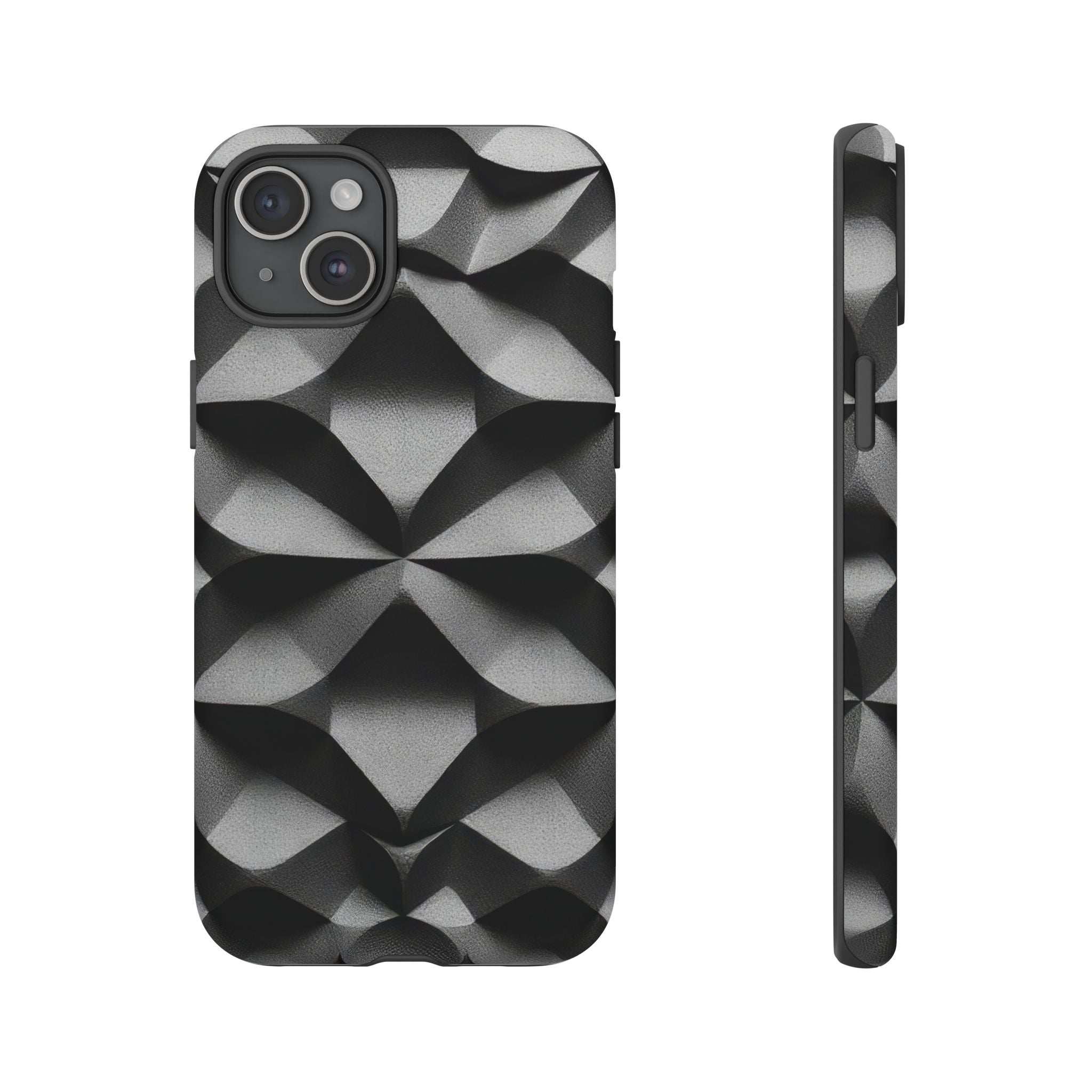 Tough phone case with black-and-gray geometric cube pattern, triple camera cutout and side impact guard