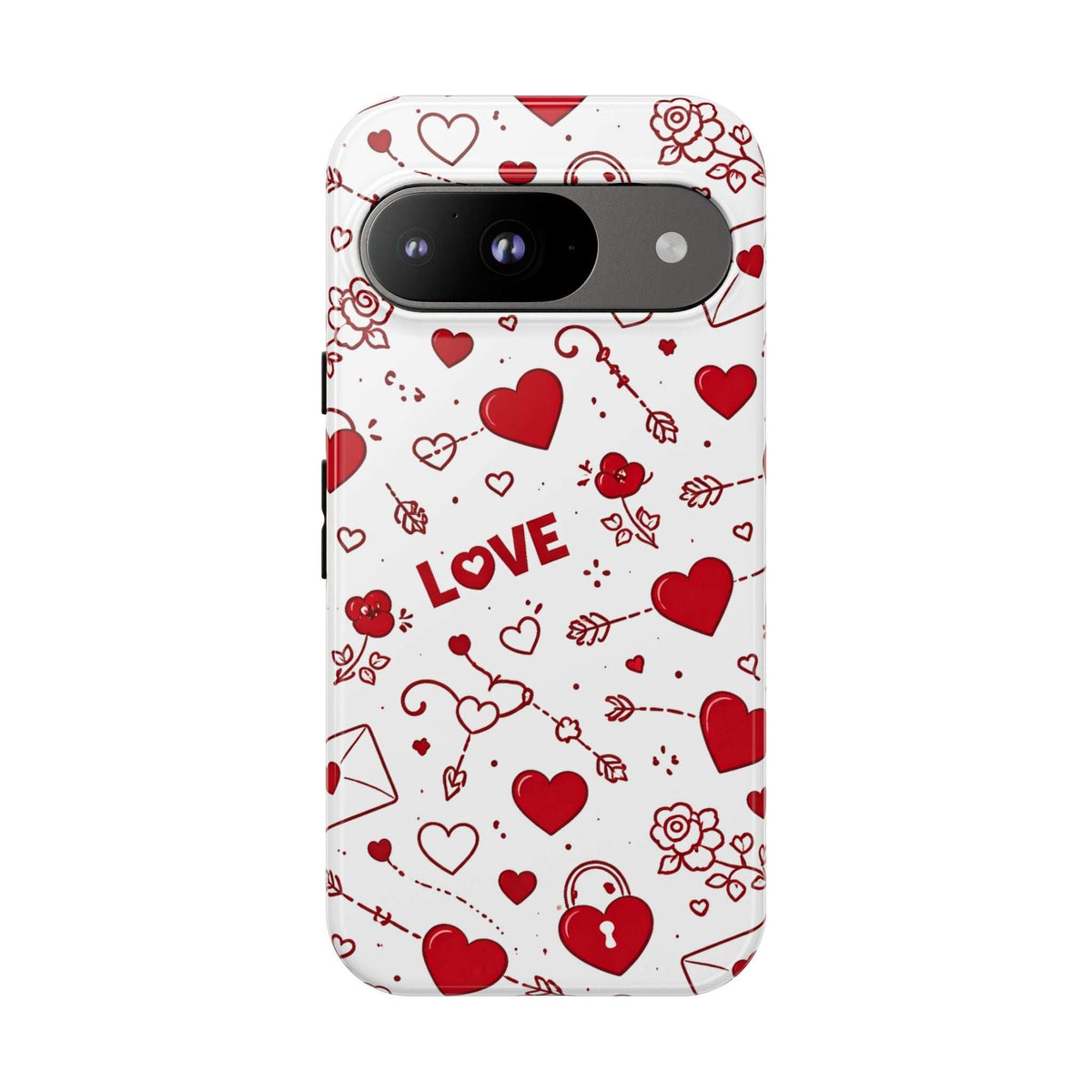White phone case with red hearts and LOVE text; glossy finish with rear camera cutout