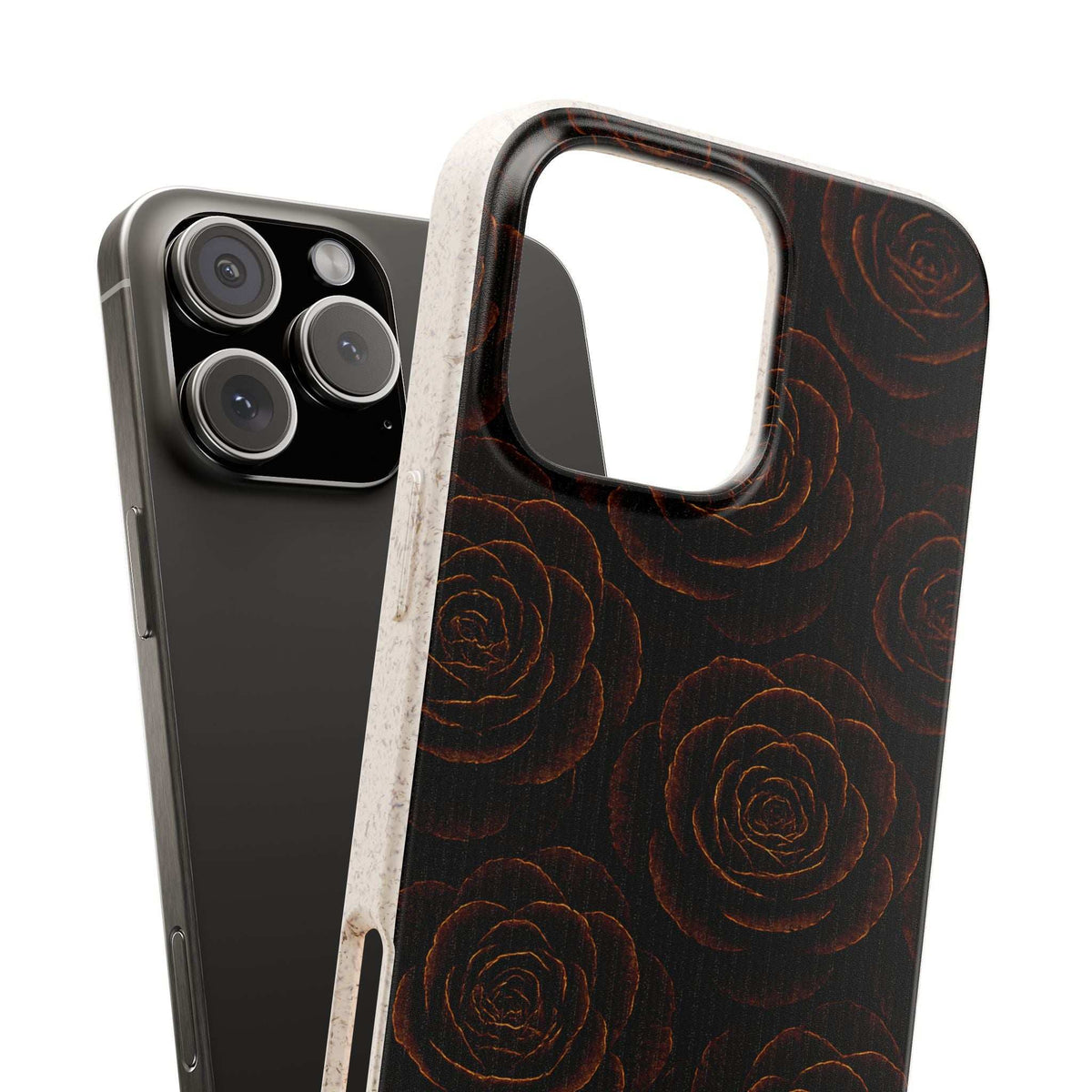 Wooden roses phone case with dark floral pattern and cutout for camera and flash
