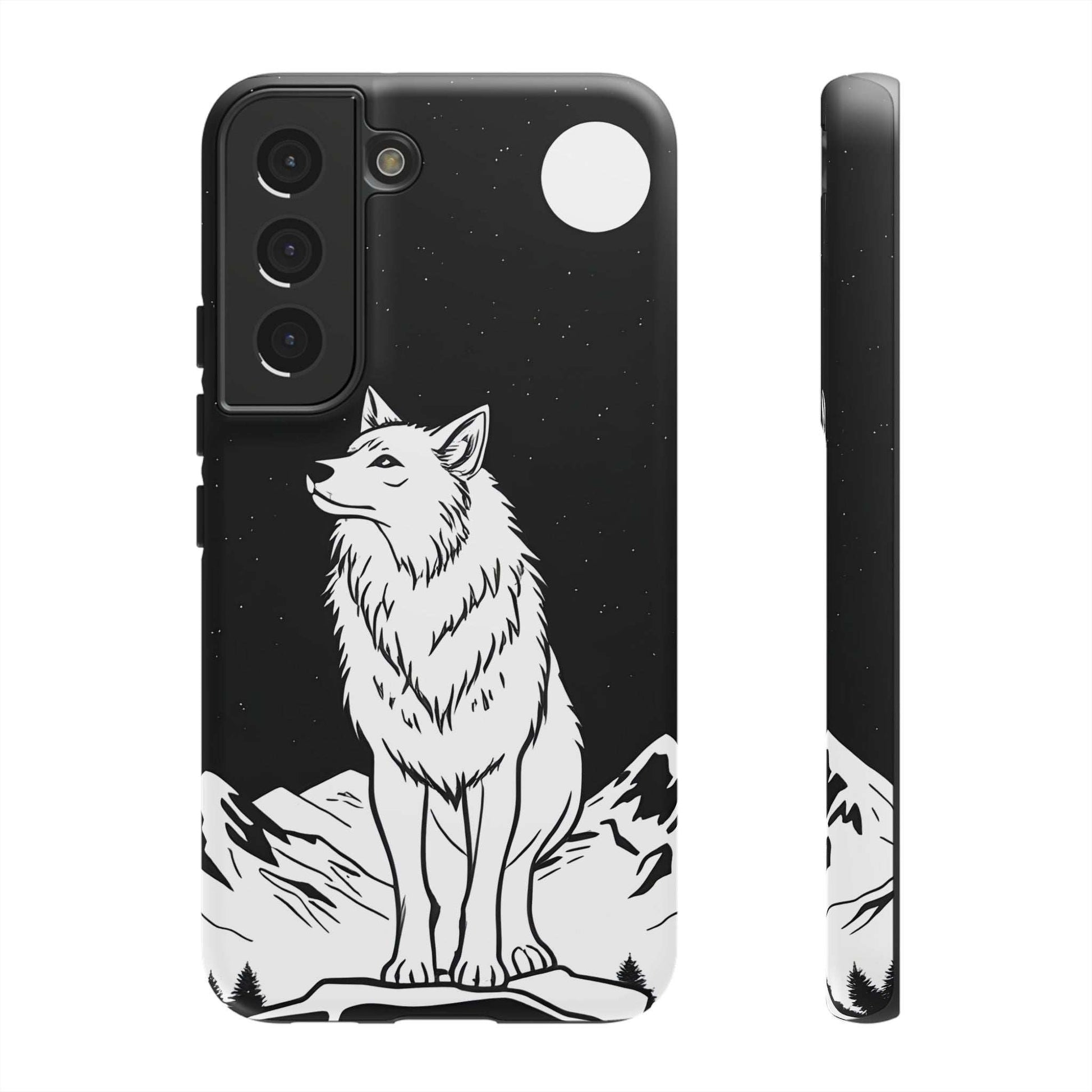 Black phone case with white wolf and moon design; visible rear cameras and flash cutout.