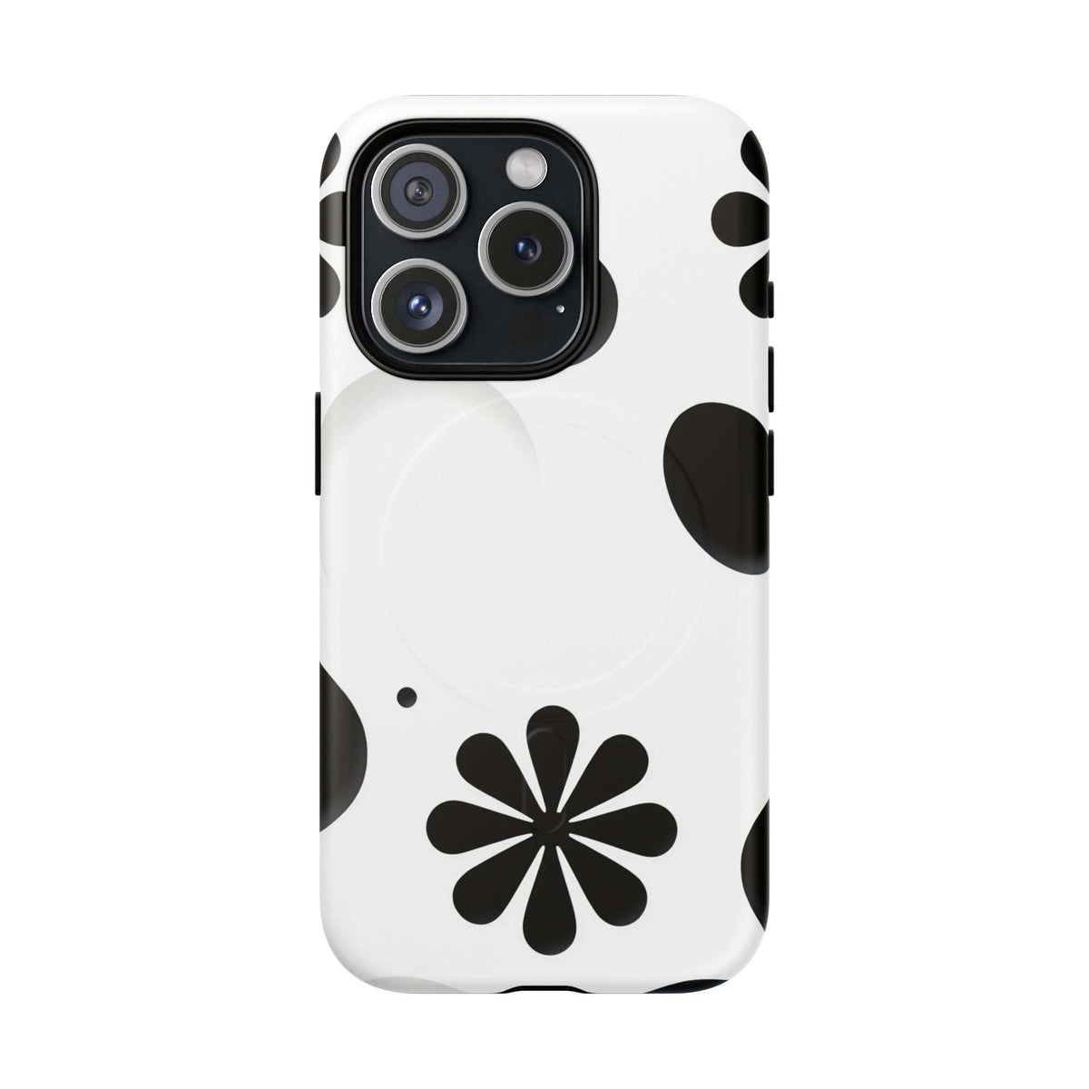 White phone case with black flower and dot pattern, triple-lens camera cutout
