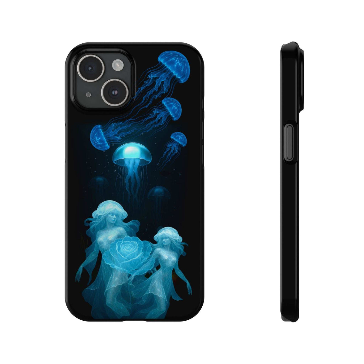 Black phone case with blue jellyfish and rose artwork, front view and thin side.