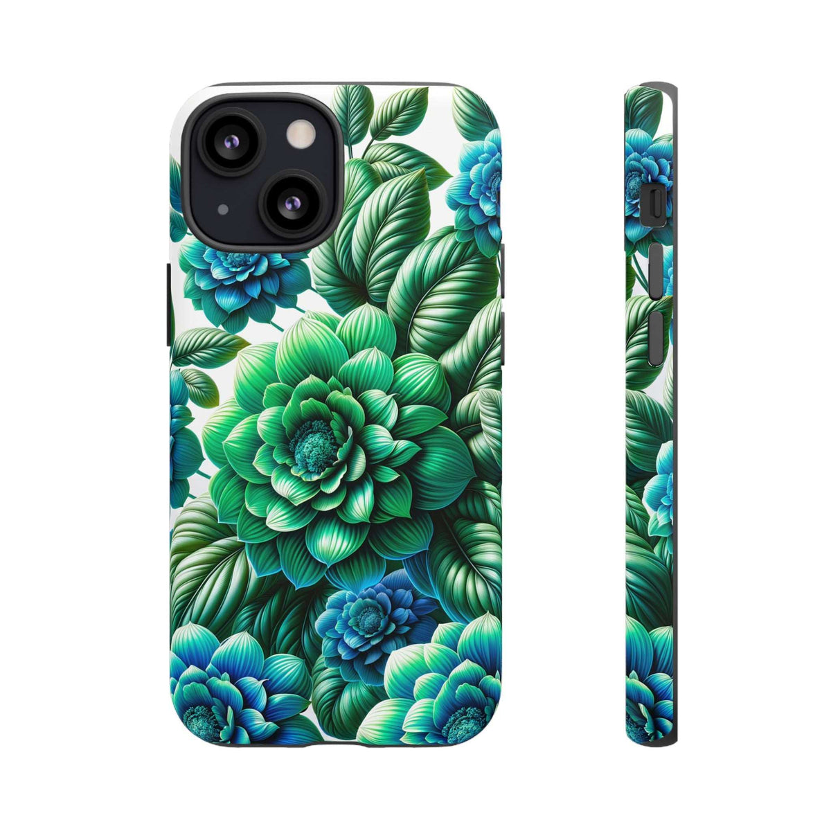 Green & blue floral phone case featuring detailed flowers and leaves, camera cutouts