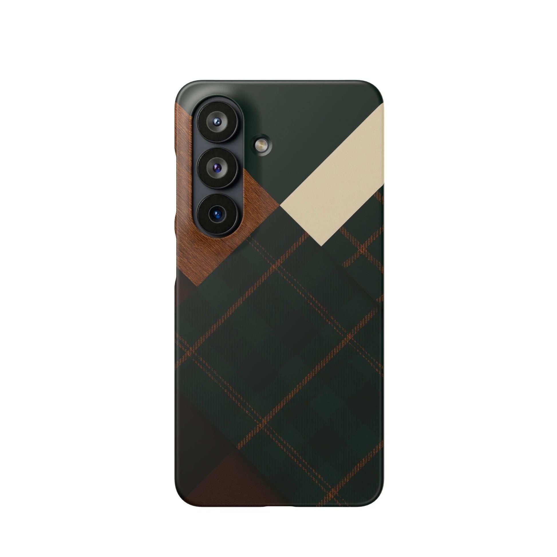 Rustic green phone case featuring wood grain, plaid grid, and precise camera cutouts