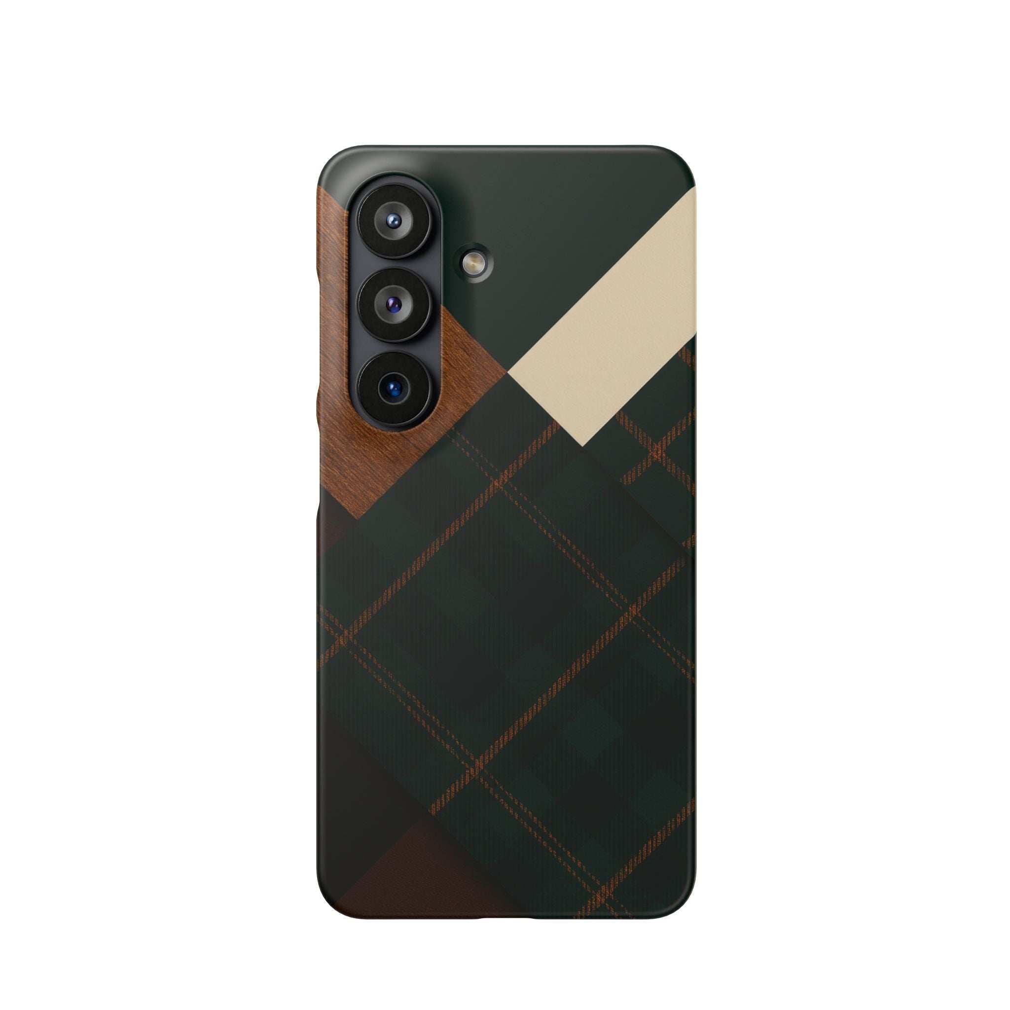 Rustic green phone case featuring wood grain, plaid grid, and precise camera cutouts