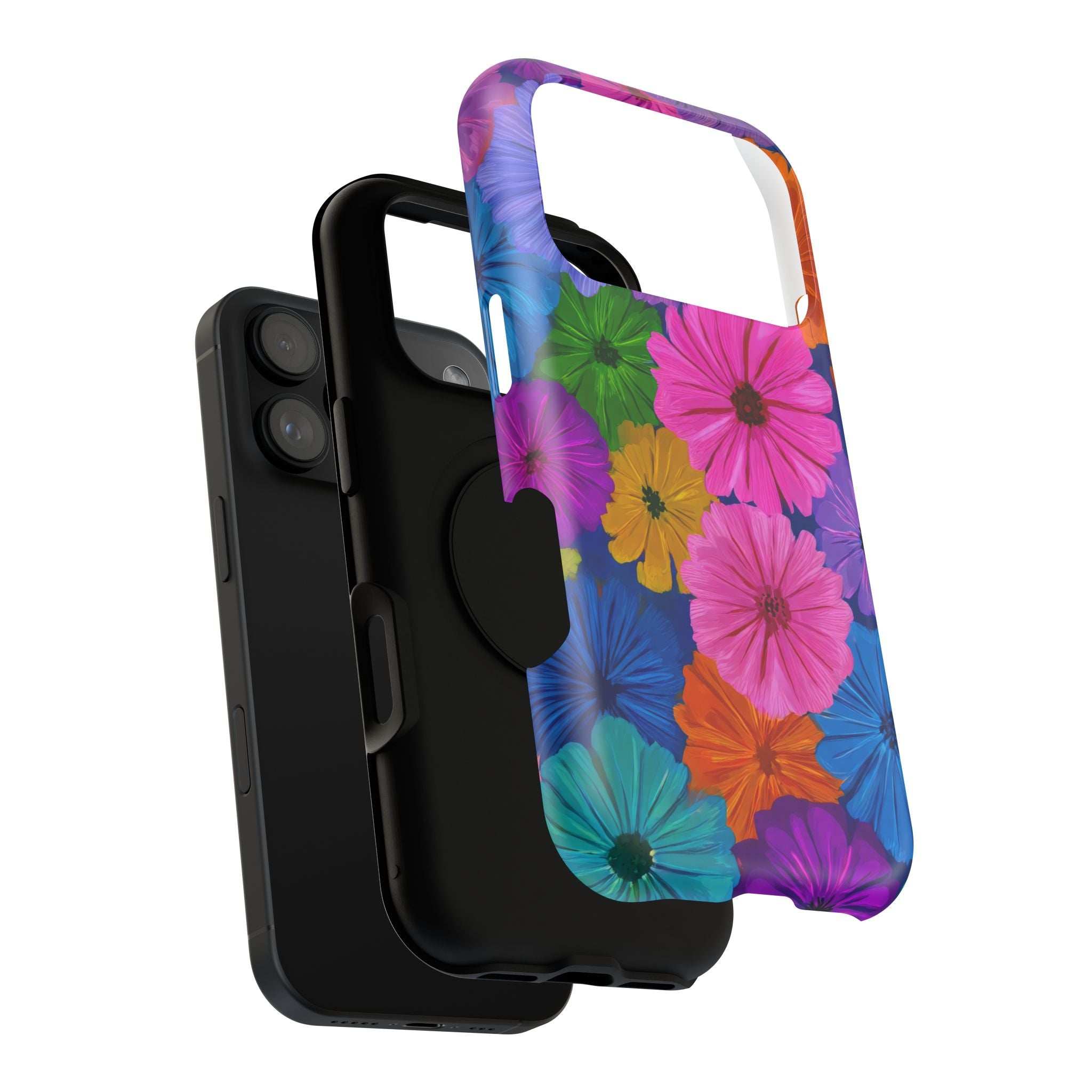 Floral bloom phone case angled with vivid blossoms, camera cutouts, and accessible side controls