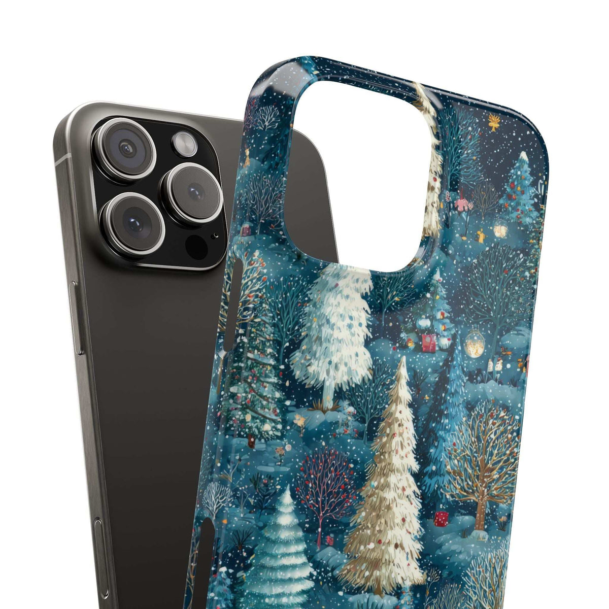 Blue winter forest phone case with camera cutouts, raised bumper, and snowy evergreens