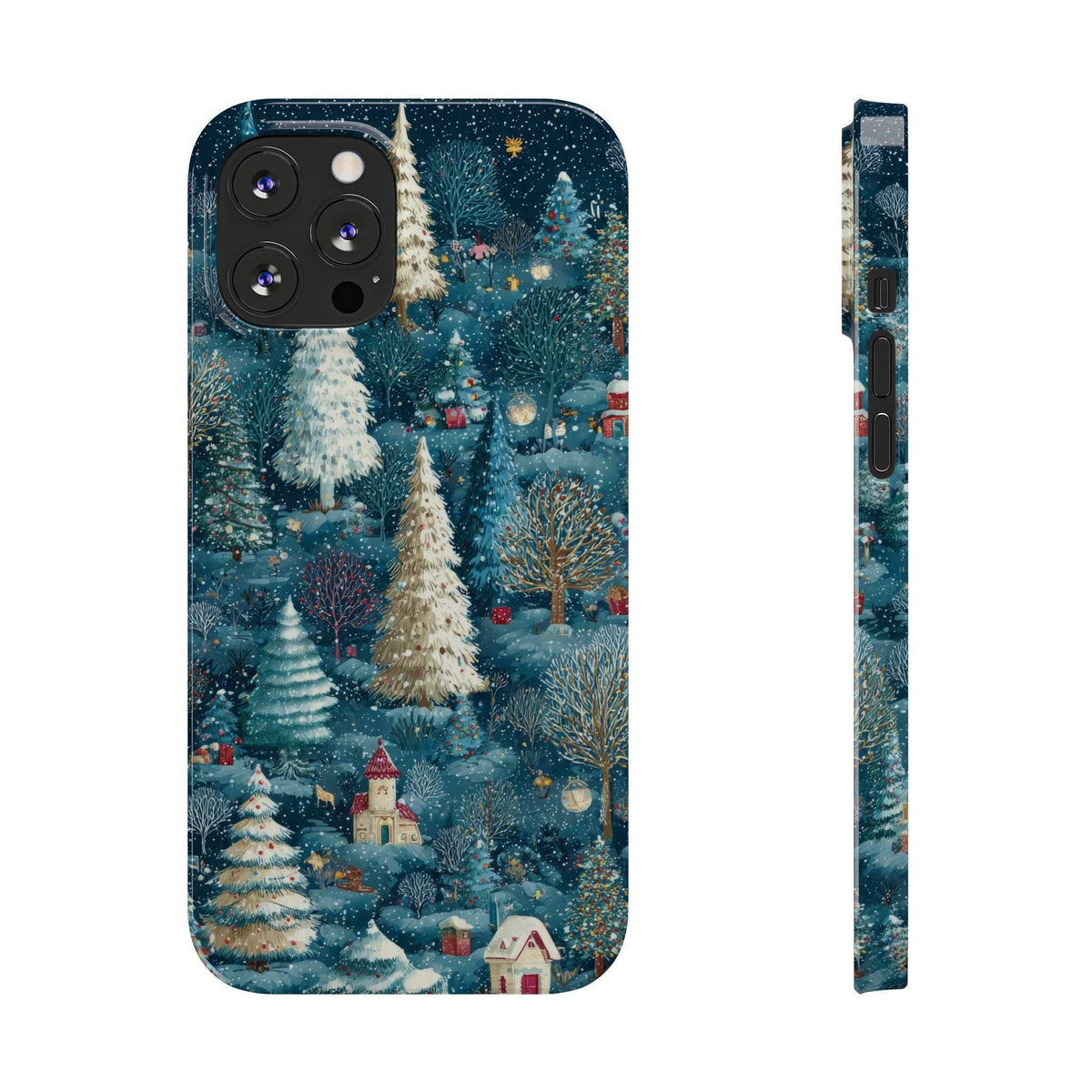 Frosty forest winter phone case with snowy trees and houses, blue print.