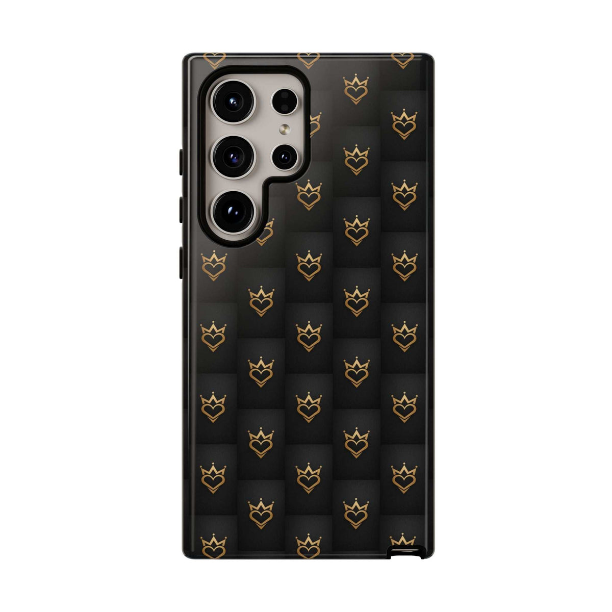 Glossy black phone case with crowned heart doodle pattern, four-lens camera cutouts