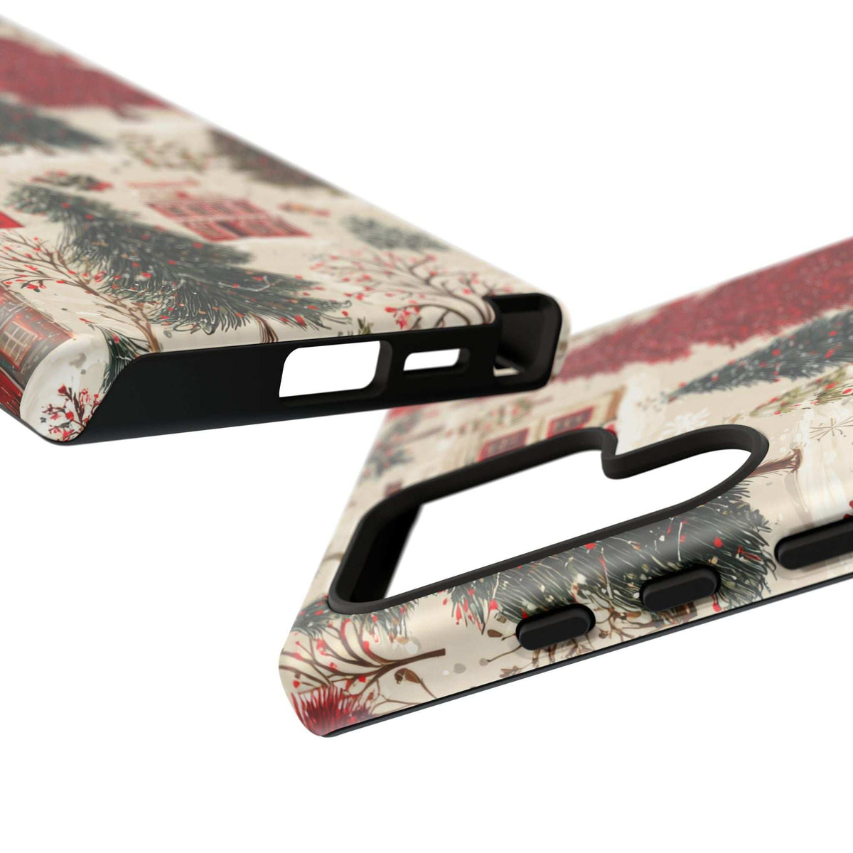 Phone case with winter design, side button openings and raised screen-edge lip