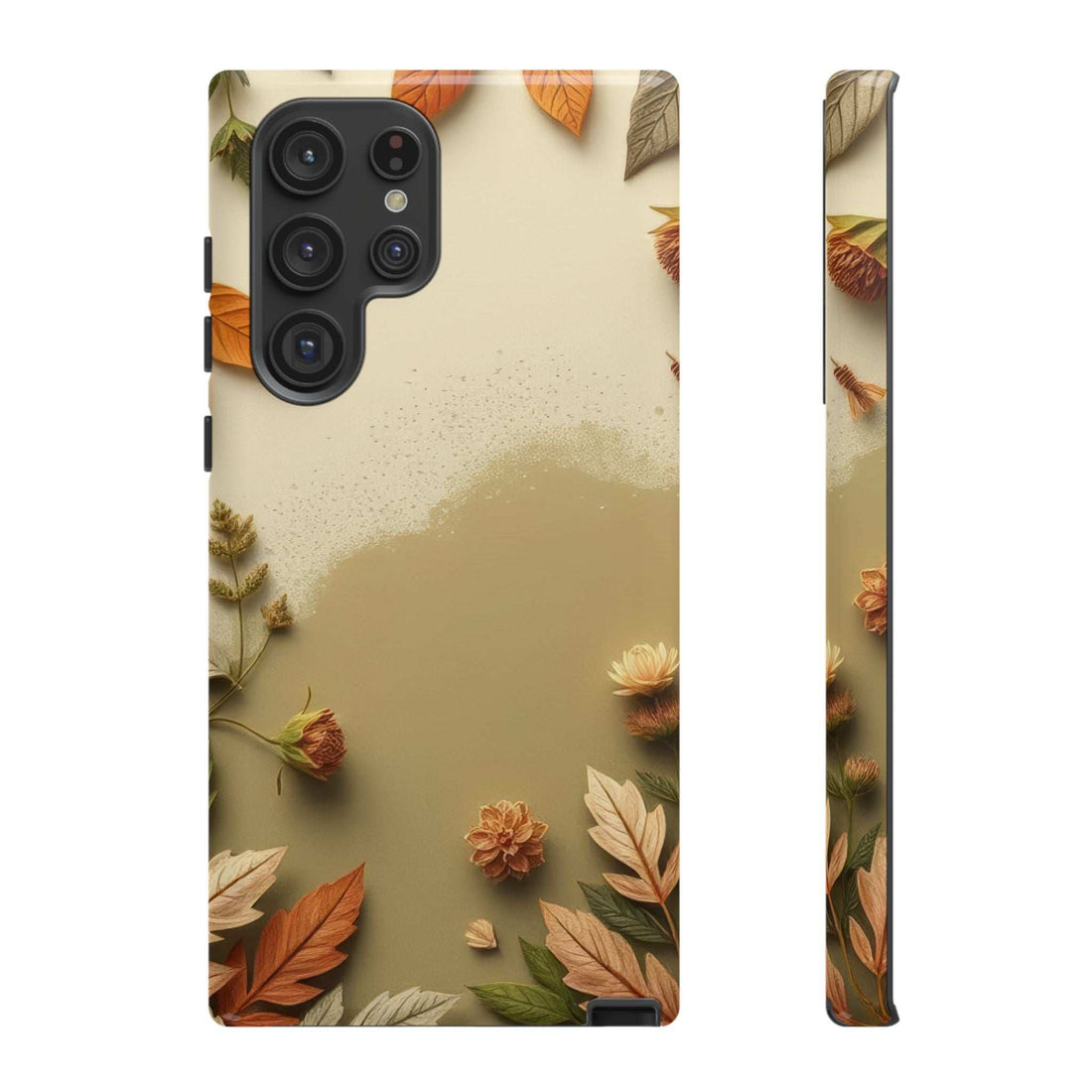 Autumn leaves phone case with cutouts for camera and buttons on a beige background.