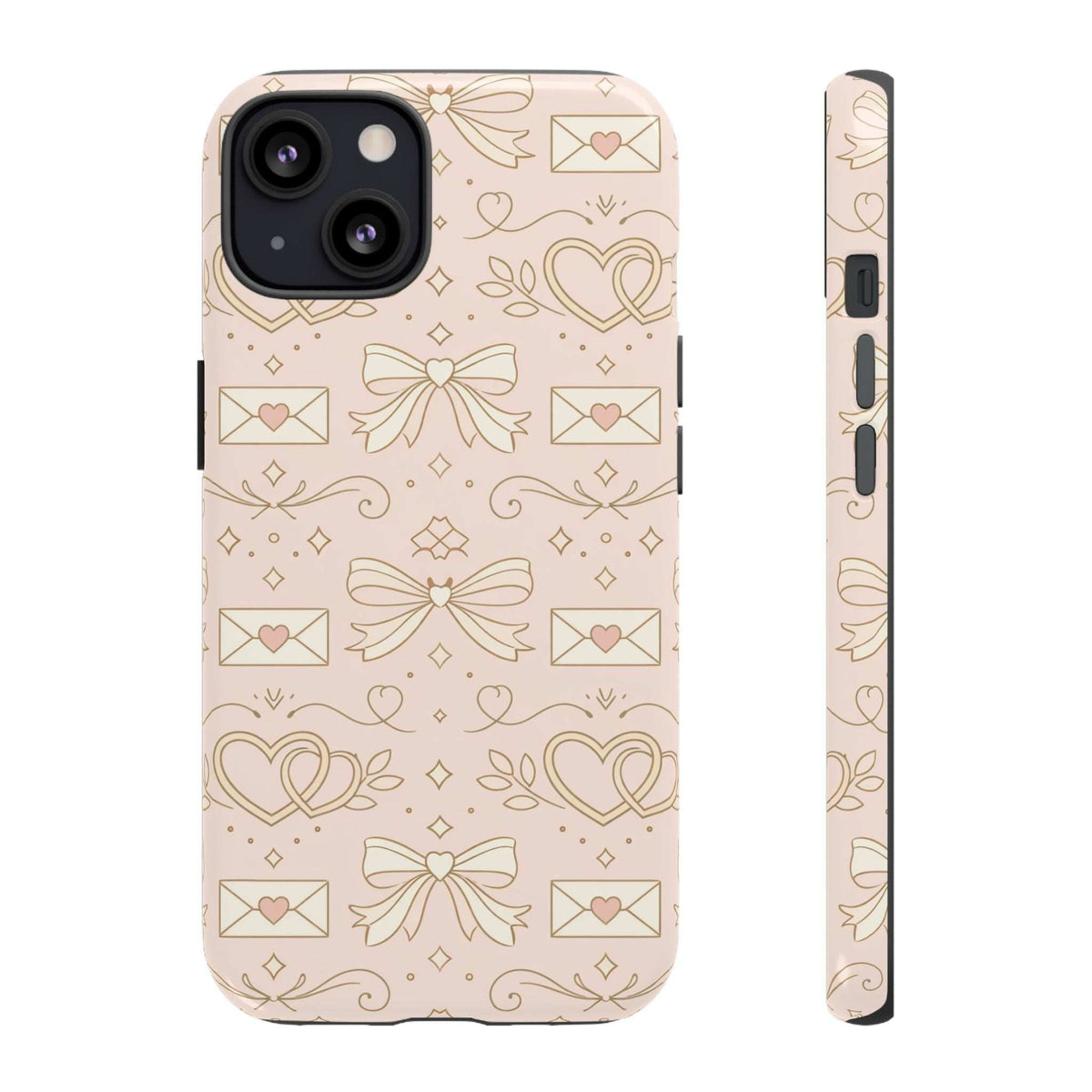 Peach smartphone case with gold hearts, bows, and envelopes; black camera ring cutouts