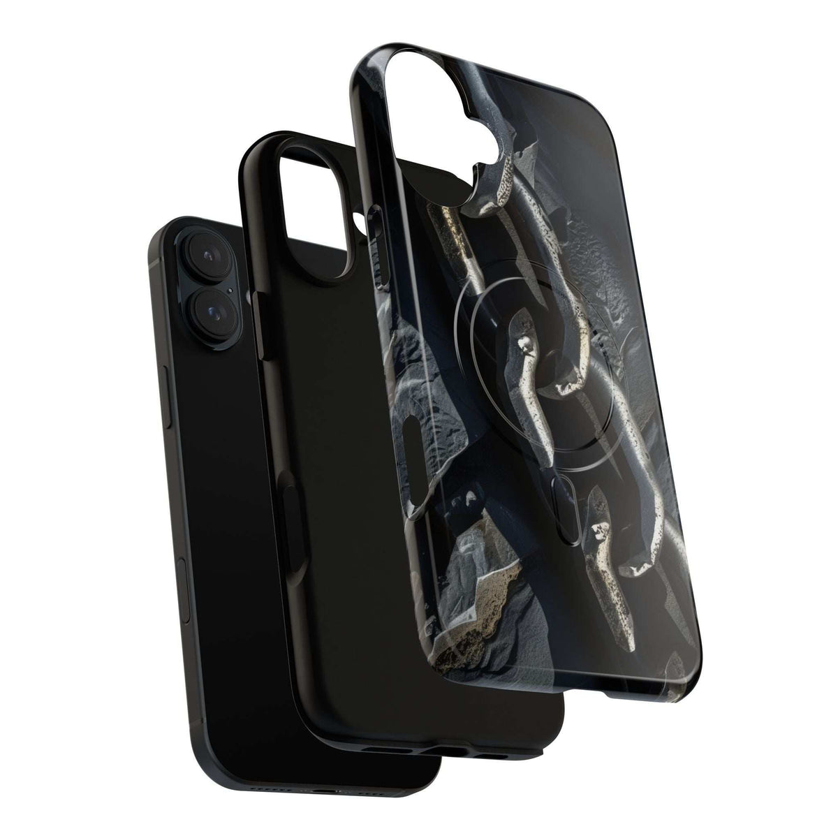 Black magnetic phone case with iron chain artwork and front cutout details