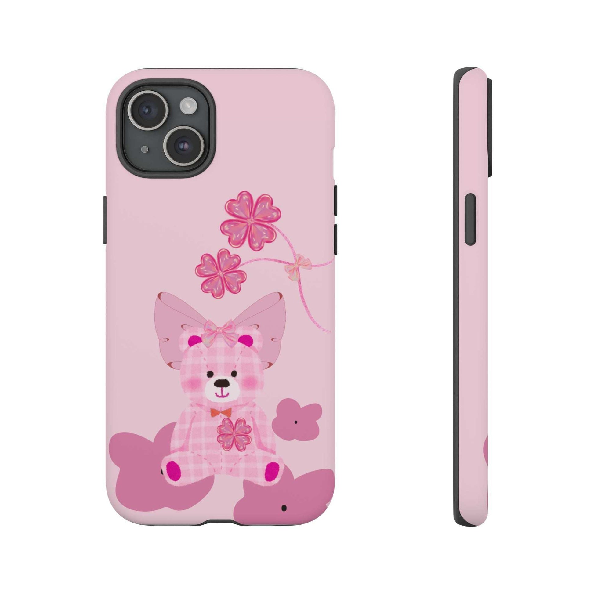 Pink phone case with teddy bear design; back plus side profile with openings.