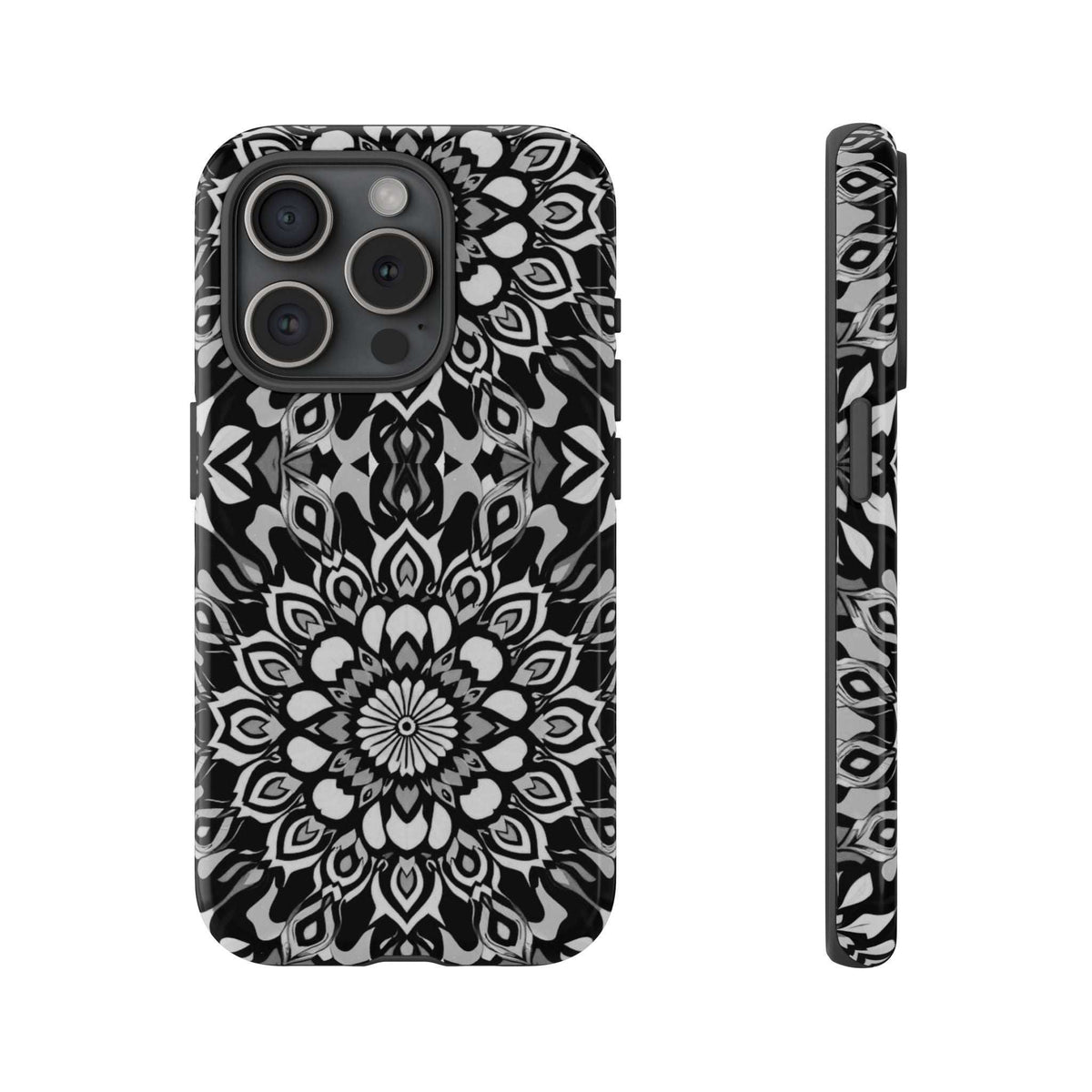 Black and white mandala phone case with cutouts for camera lenses and flash