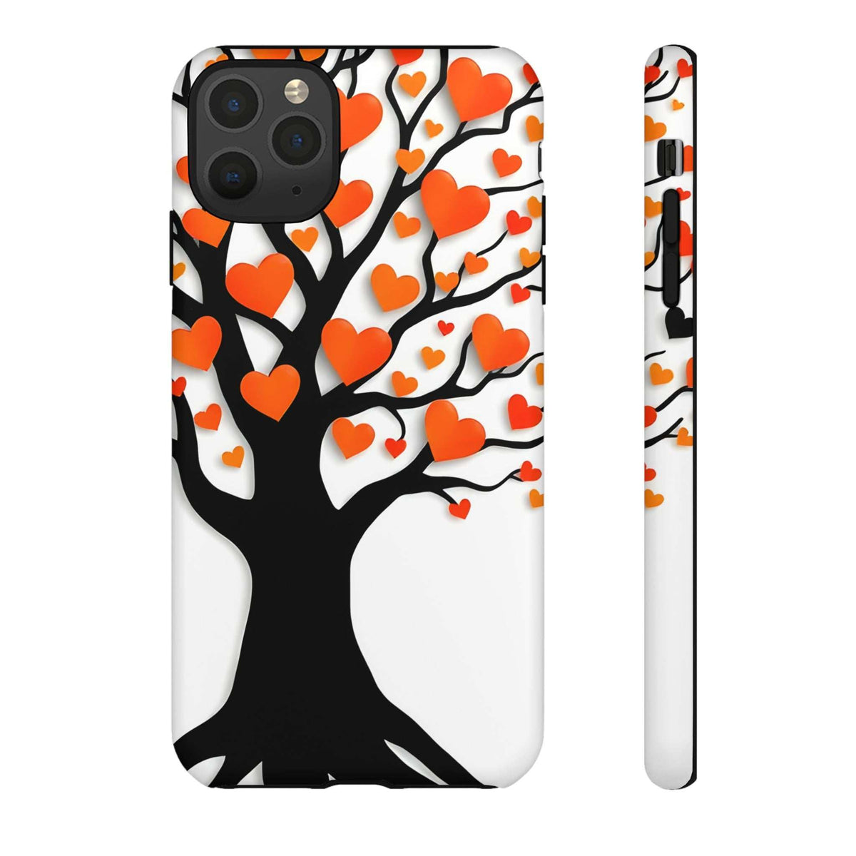 Phone case with orange heart tree design and white background, shown with matching side edge