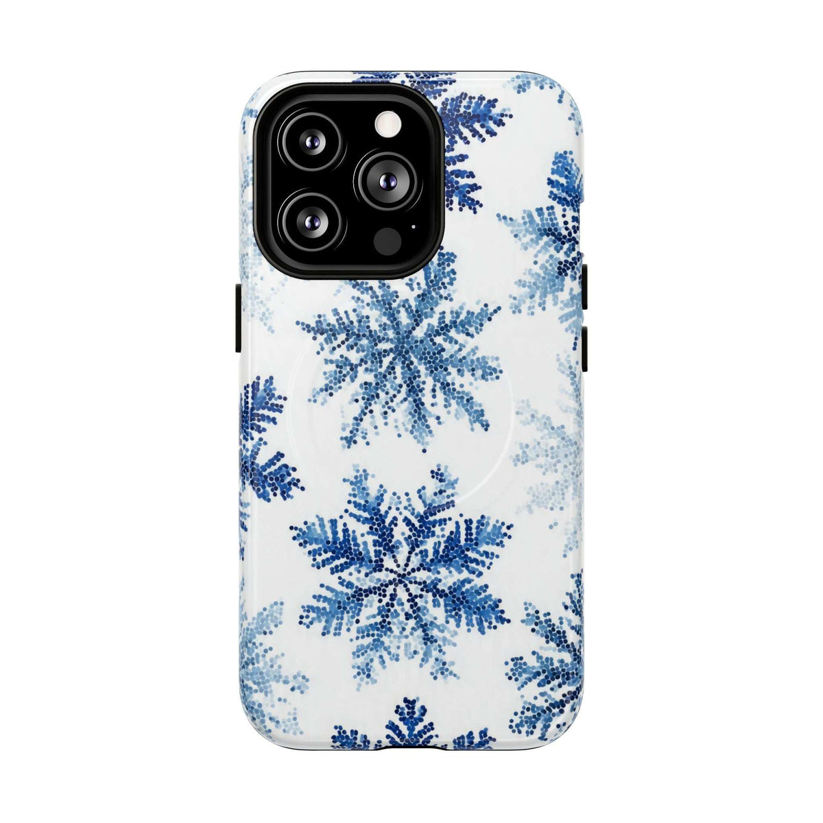 iPhone 13-17 phone case with blue snowflake print and raised triple-camera cutout