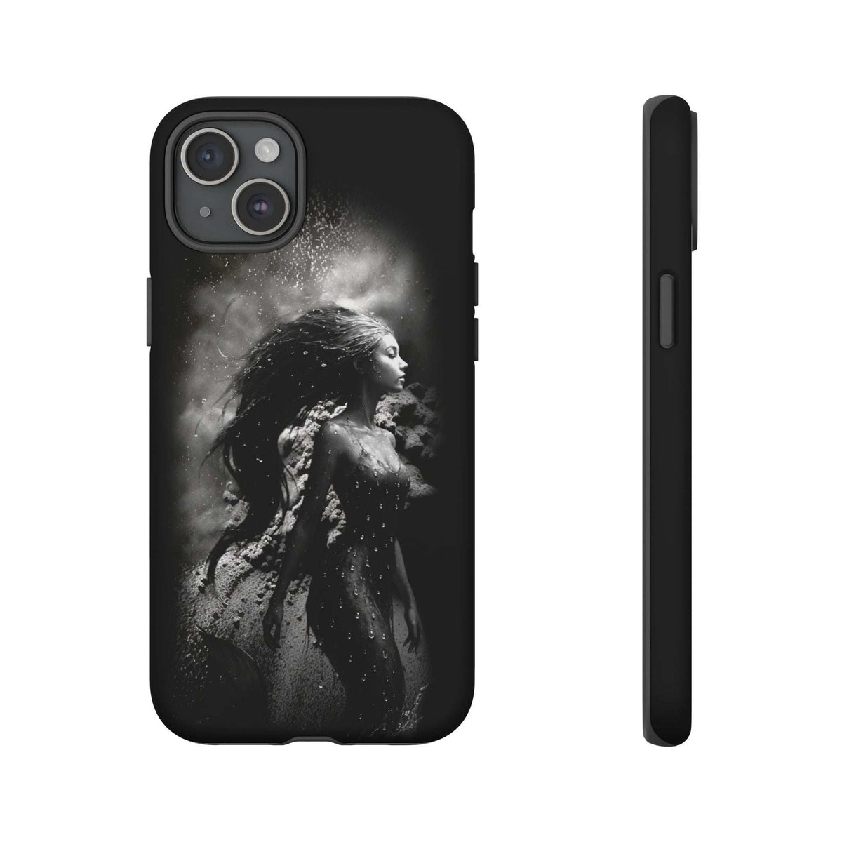 Monochrome mermaid phone case with black back and side button openings, front and side view