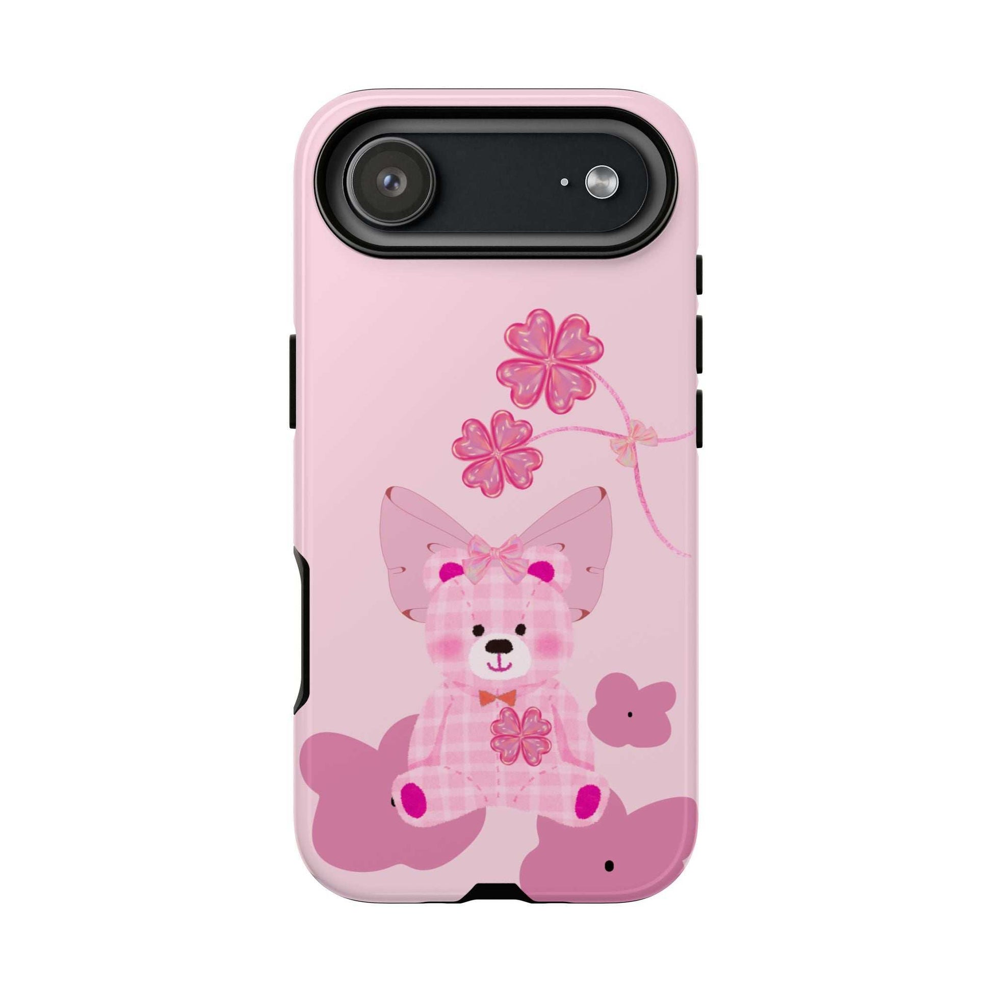 Pink phone case with teddy bear floral design; single horizontal camera cutout