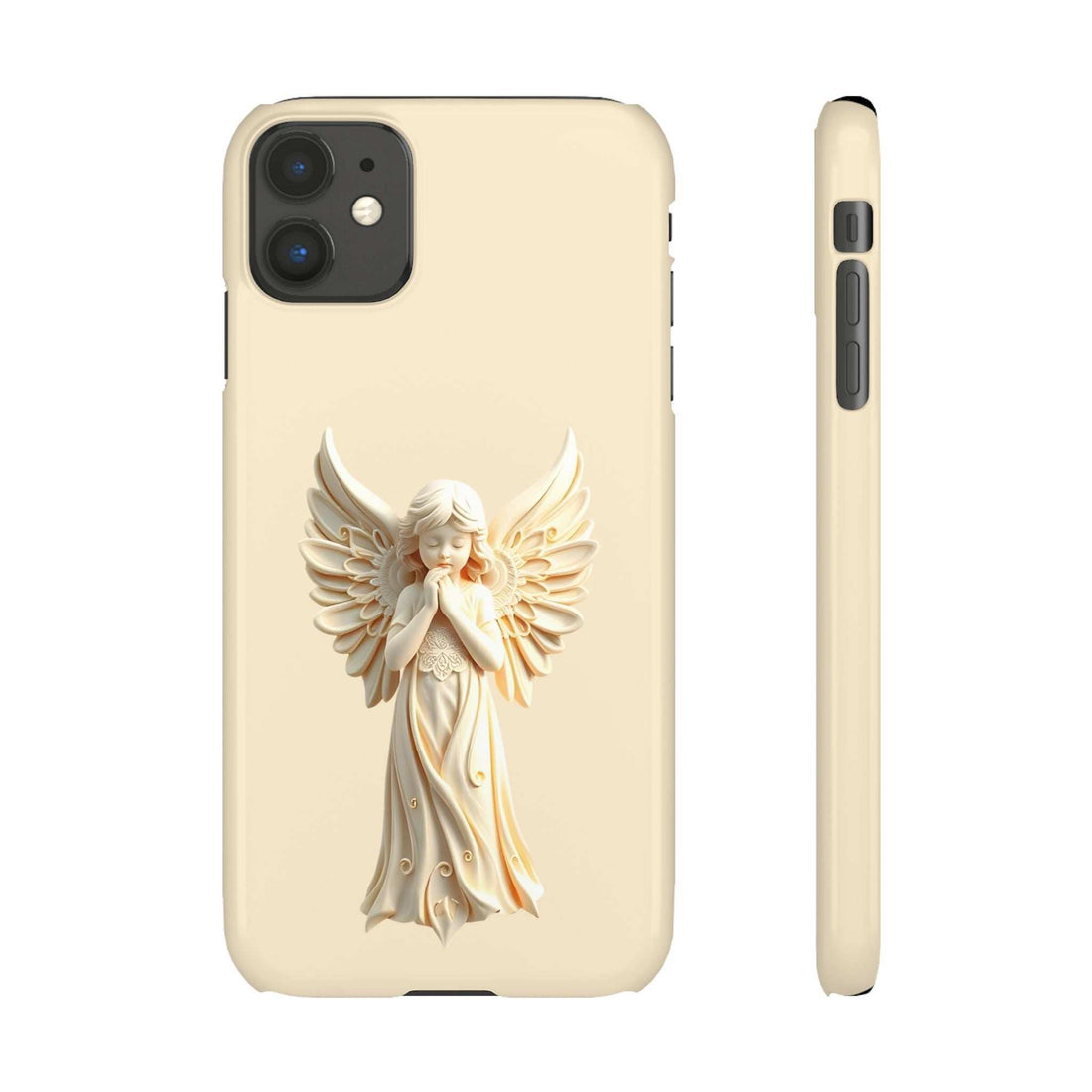 Light beige phone case with raised angel figure and camera cutouts