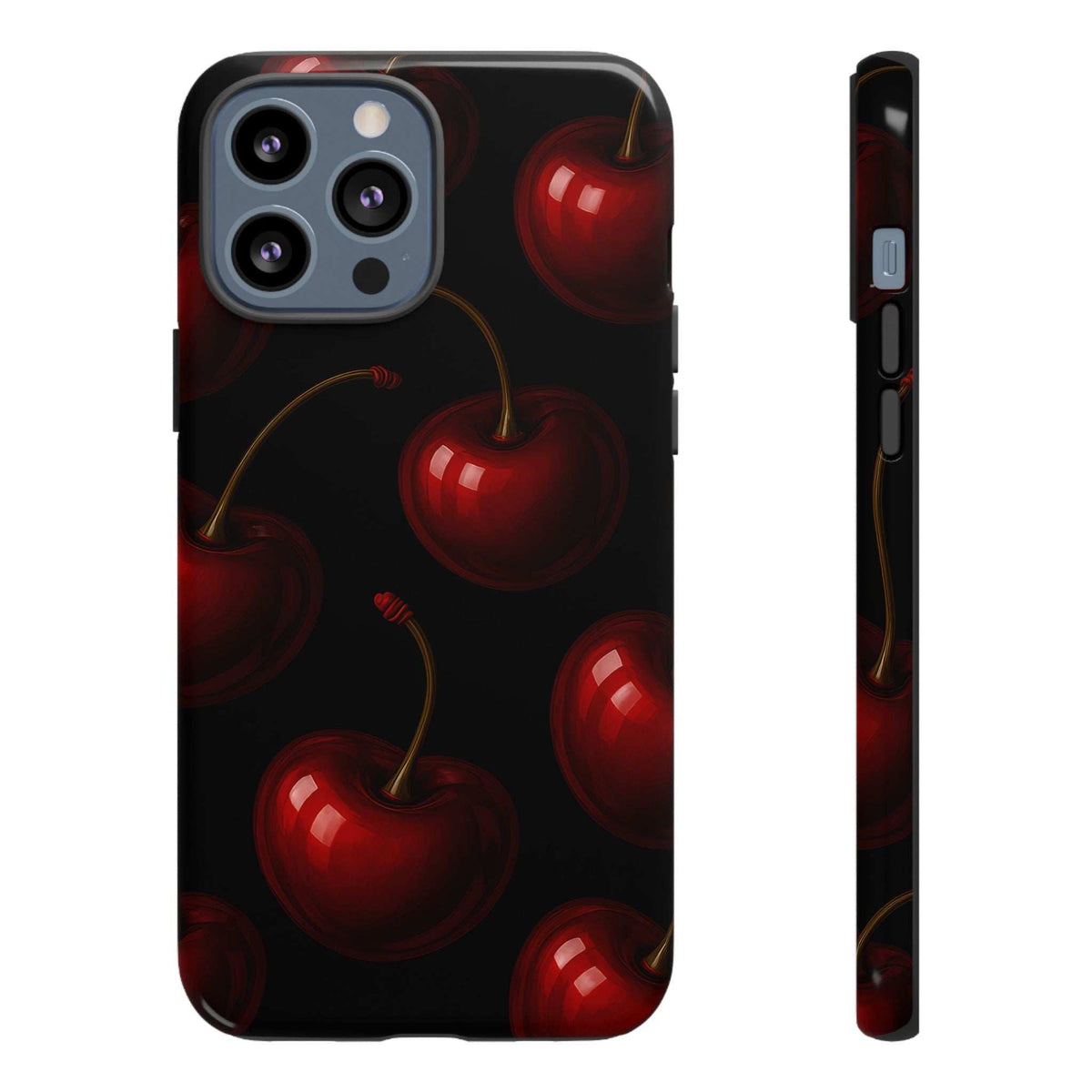 Glossy phone case with red cherries on dark background; camera cutouts and side profile